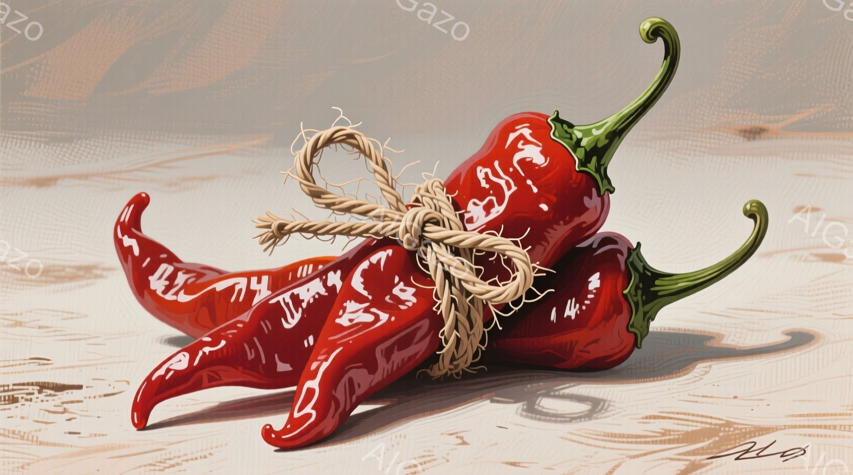 赤い唐辛子が数本、紐で縛られて束ねられています。背景は木目調の表面で、唐辛子は影を落として立体的に表現されています。全体的に暖色系の色調で、素朴で自然な雰囲気が漂っています。