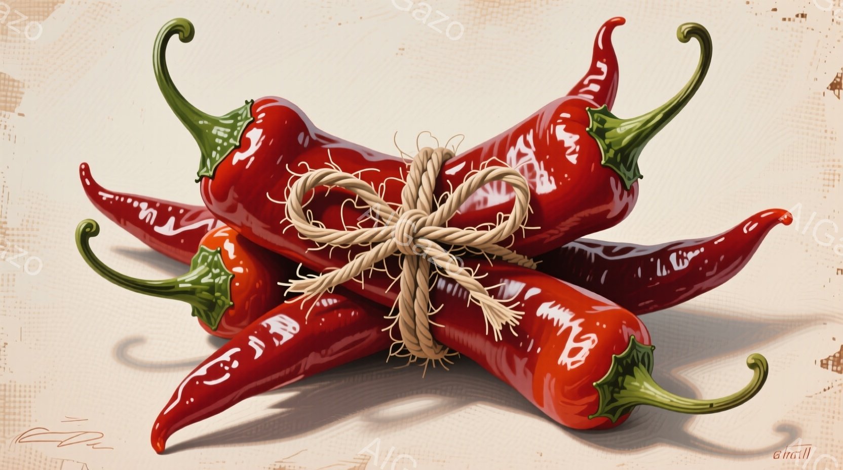 鮮やかな赤色の唐辛子が数本、緑色の萼をつけて束ねられています。唐辛子は光沢があり、表面には反射が確認できます。背景は淡いベージュ色で、かすれたテクスチャが施されており、素朴な雰囲気です。