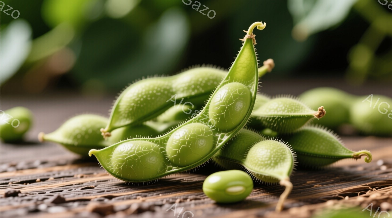 鮮やかな緑色の枝豆が、粗い木製の背景の上に散らばって配置されている。豆の実はまだ鞘の中に収まり、ふっくらとした形と独特の質感が際立っている。全体的に、自然の恵みを感じさせる、素朴で温かい雰囲気の写真で - AI生成フリー素材