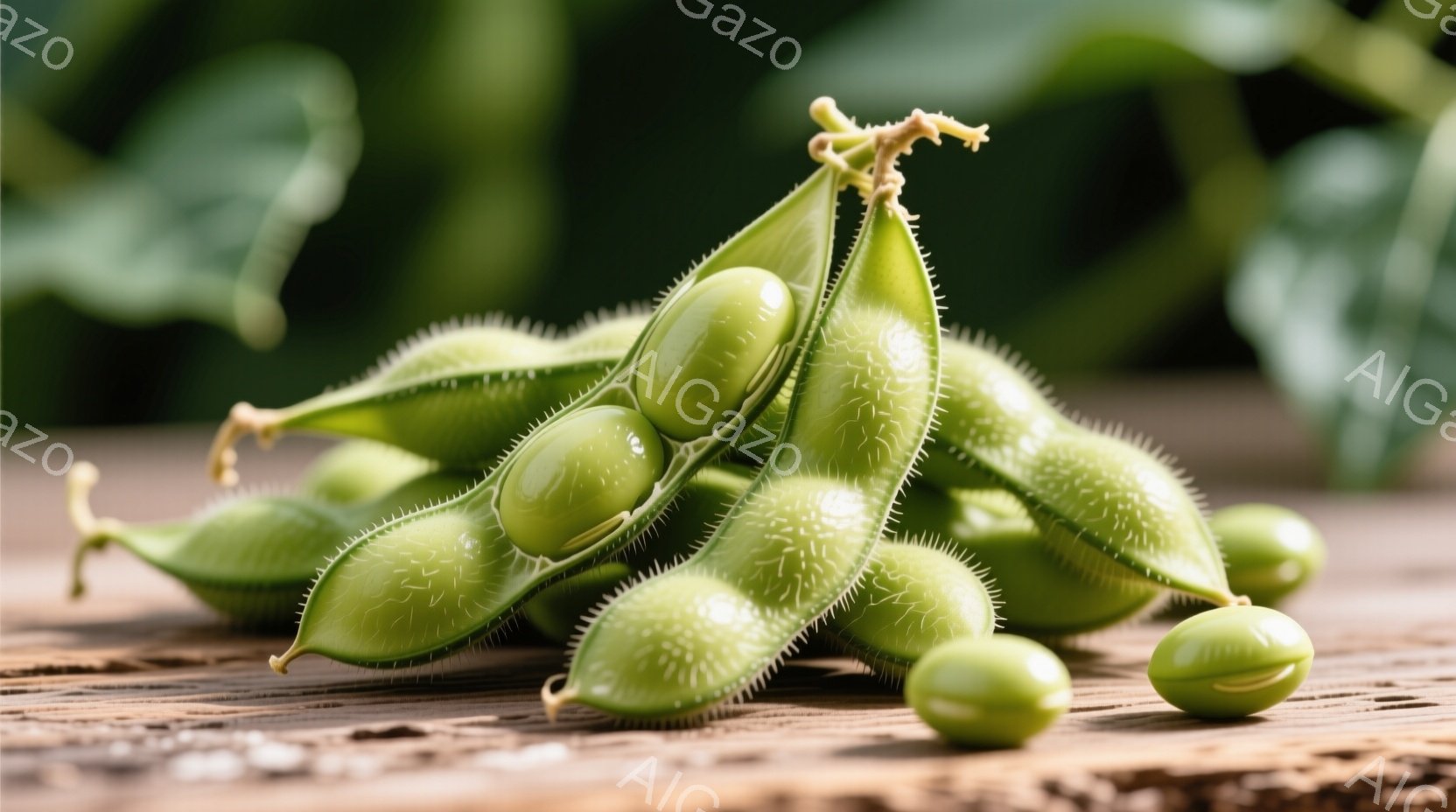 枝豆が木製のテーブルの上に置かれています。緑色の豆は鞘の中で密集しており、一部は鞘からこぼれ落ちています。背景はぼやけており、自然光の中で撮影された様子から、新鮮で活気のある雰囲気が感じられます。 - AI生成フリー素材