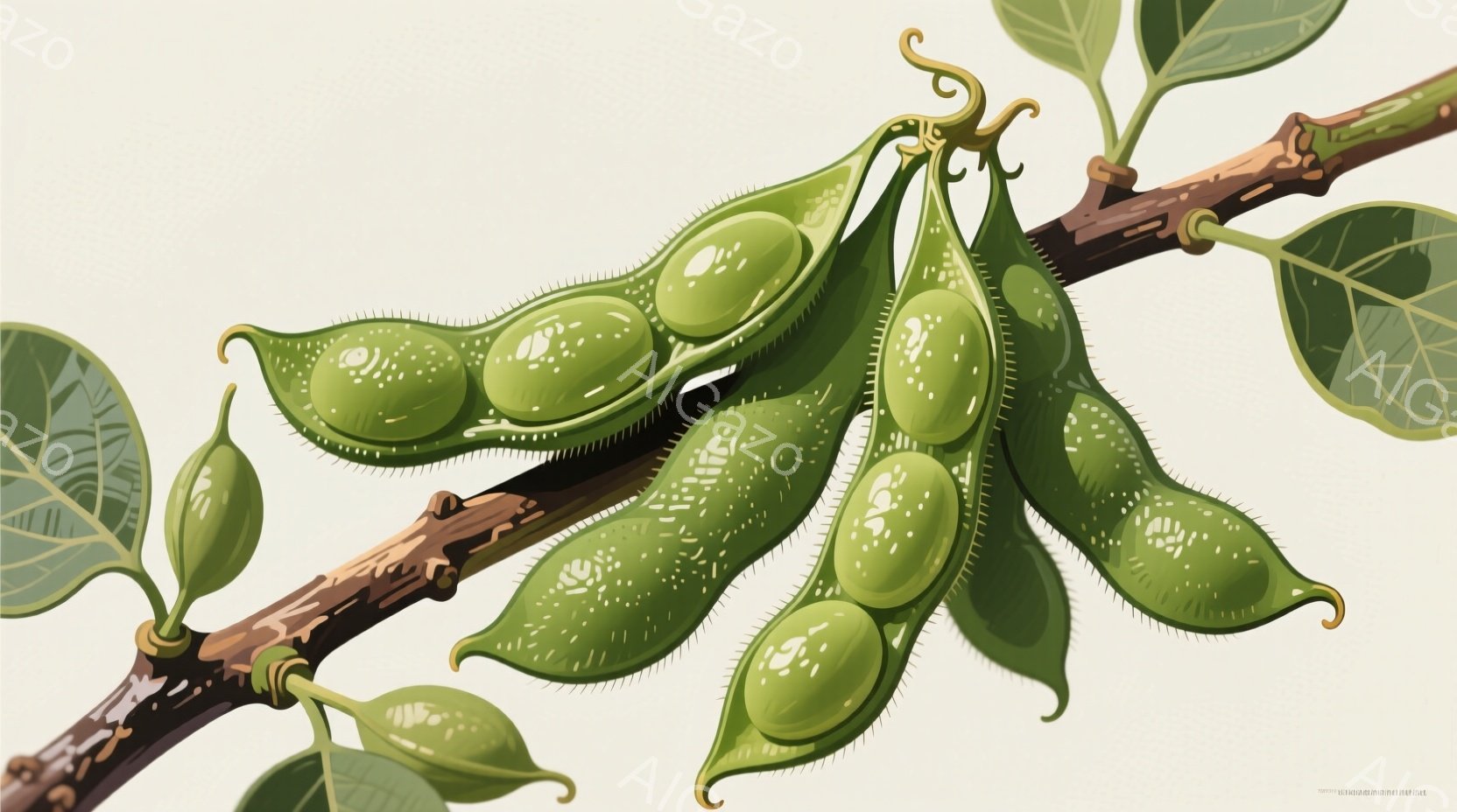 枝に実った枝豆が描かれている。緑色の豆がふっくらと膨らみ、豆莢はわずかに開いて、中身が見える。背景は曖昧で、枝と葉が中心で、全体的に新鮮で自然な雰囲気が漂っている。