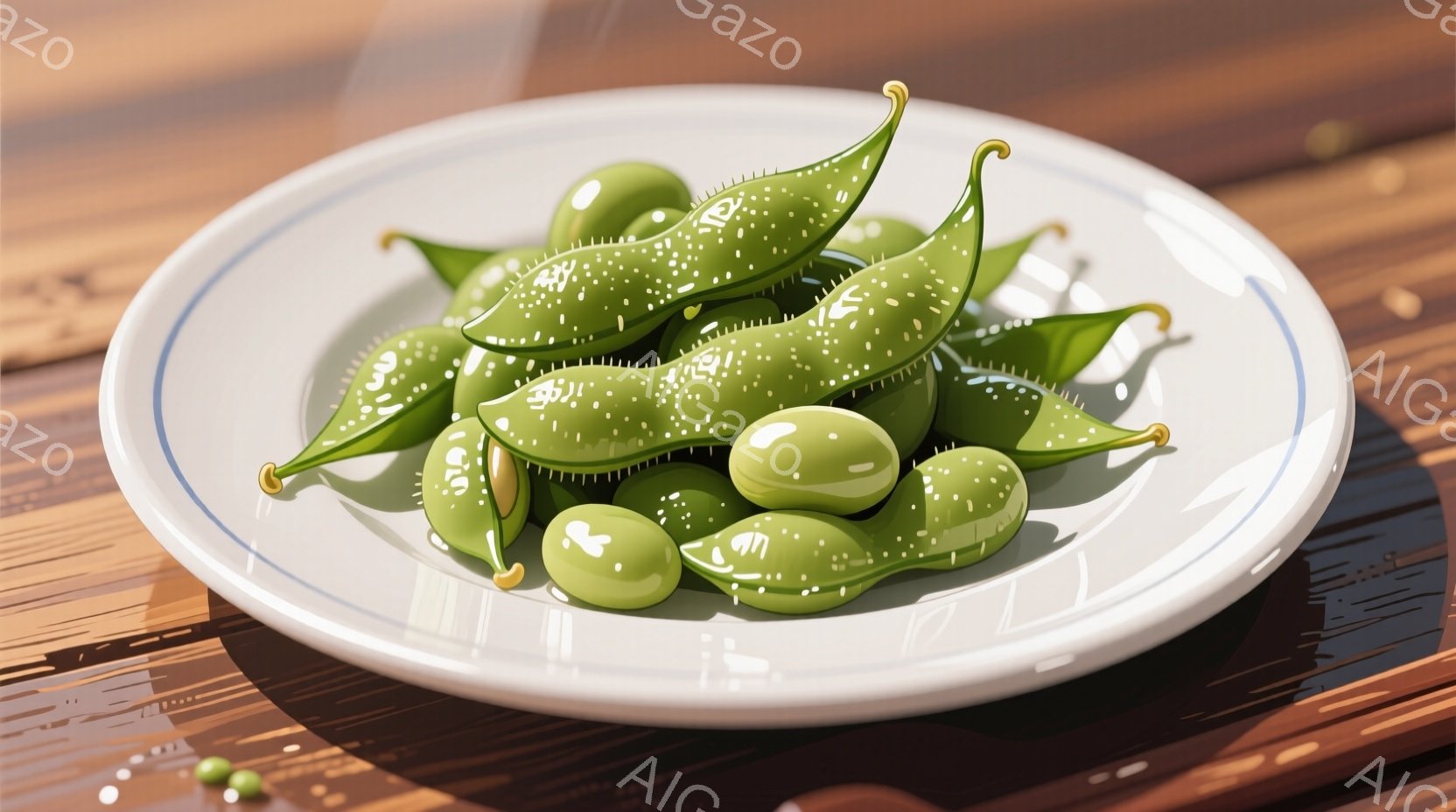 白い皿に、枝豆が盛られています。豆は鮮やかな緑色で、表面に細かい水滴がついており、新鮮さを強調しています。背景は木目調のテーブルで、温かみのある雰囲気が漂っています。 - AI生成フリー素材