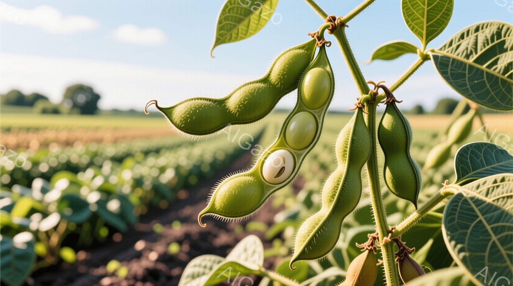 鮮やかな緑色の枝豆が、水滴に濡れて輝いている。豆にはそれぞれ可愛らしい目と口が描かれており、まるで生きているかのような表情を見せている。背景は淡い色合いで、豆の鮮やかさを際立たせ、全体的にユーモラスで遊び心のある雰囲気を作り出している。