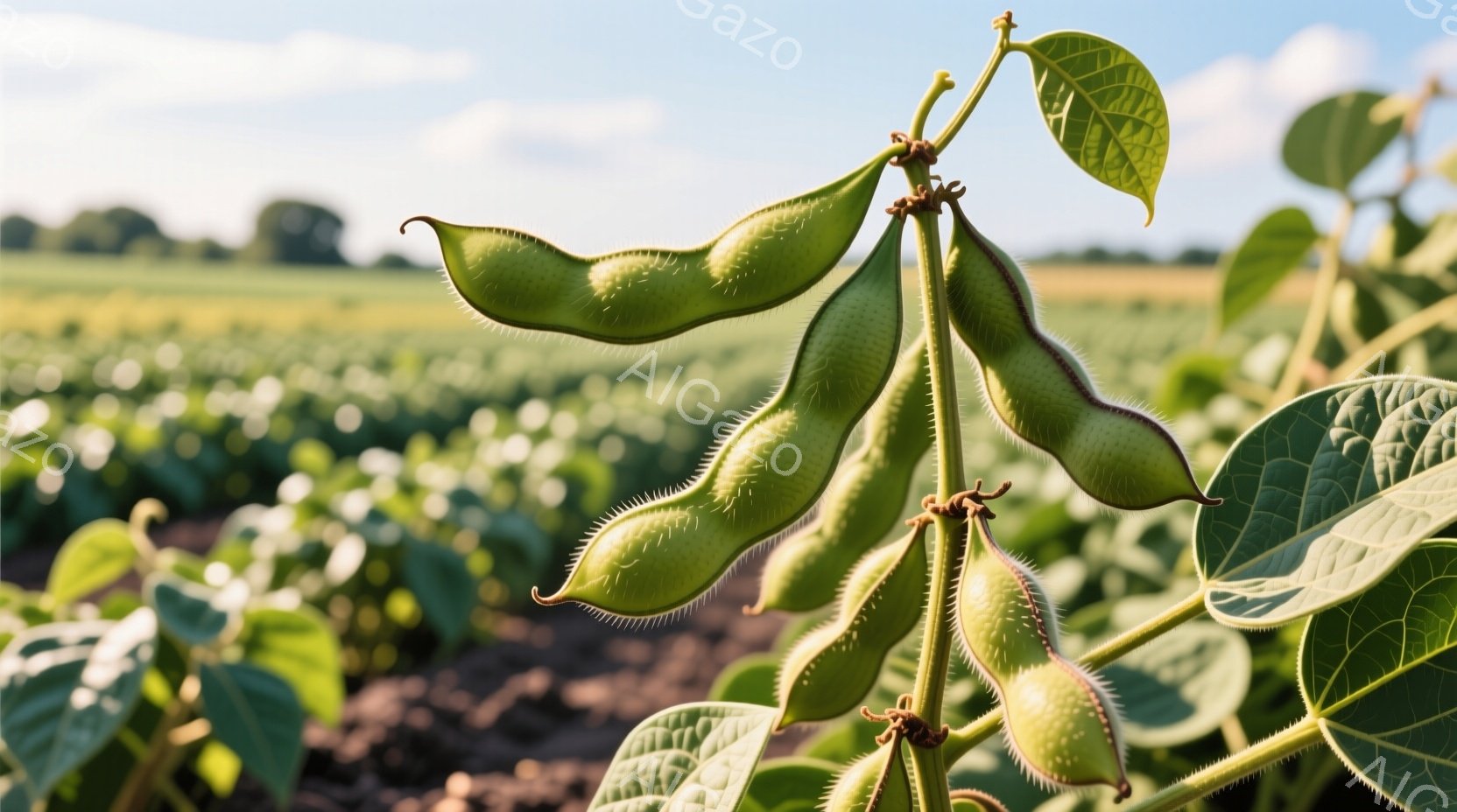 鮮やかな緑色の枝豆が、茎に実っています。背景には、緑豊かな畑が広がり、遠くには畝が見えます。晴れた日の穏やかな光が差し込み、自然の恵みを感じさせる、安らぎのある光景です。 - AI生成フリー素材