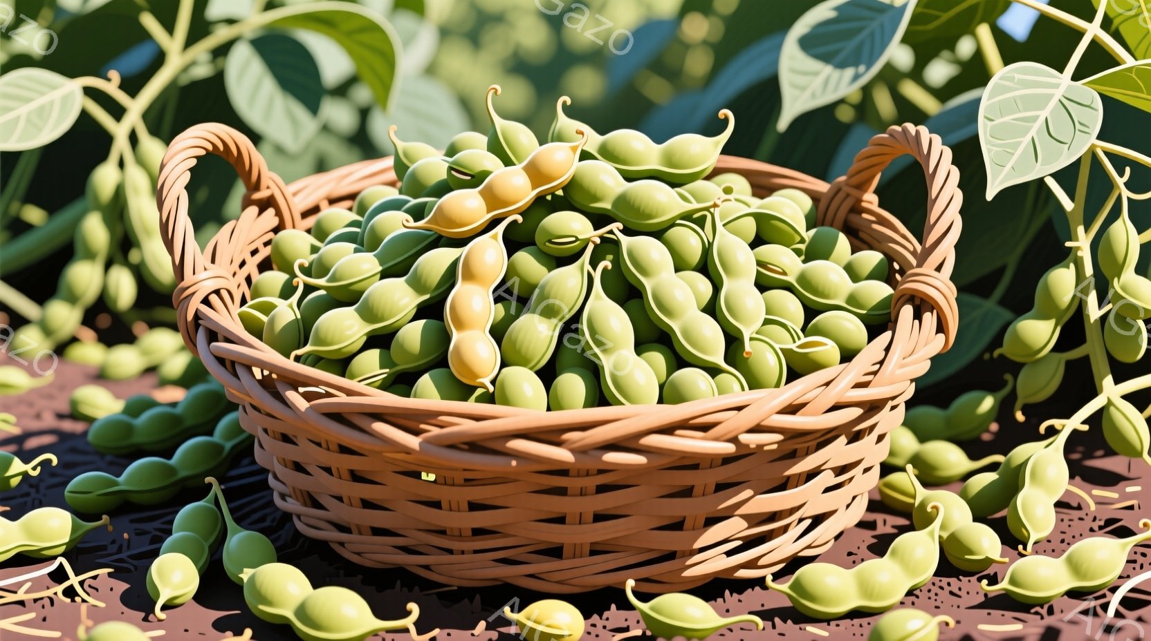 籠の中に新鮮な枝豆がたっぷり詰まっています。周りには枝豆の鞘が散らばり、緑豊かな葉が生い茂る背景と相まって、収穫の喜びと自然の恵みが感じられます。全体的に明るく、暖かく、穏やかな雰囲気です。 - AI生成フリー素材