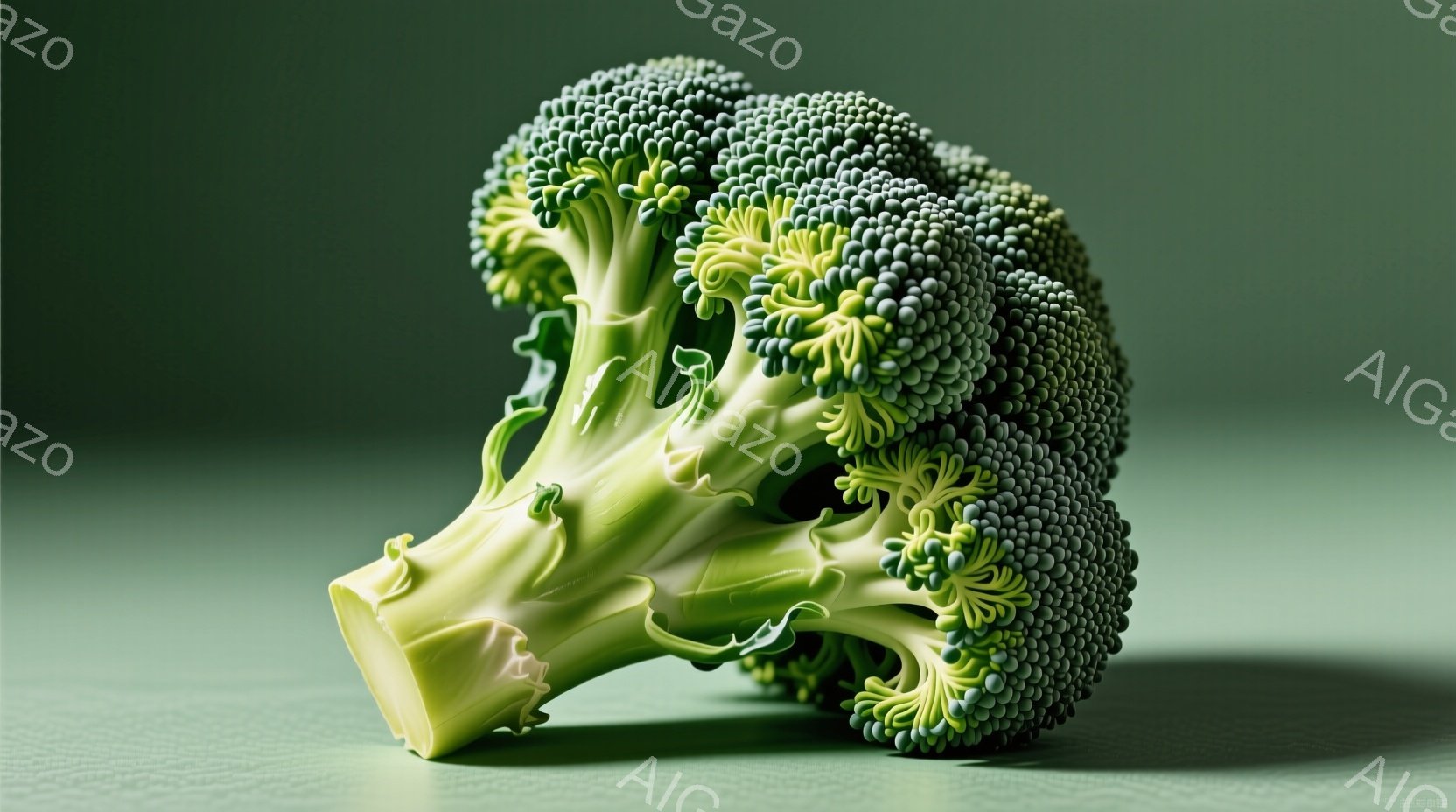 鮮やかな緑色のブロッコリーが、単調な緑色の背景に置かれています。ブロッコリーは茎が太く、花蕾が密集しており、まるで彫刻のような外観です。光が均一に当たり、ブロッコリーの立体感と質感が際立っています。