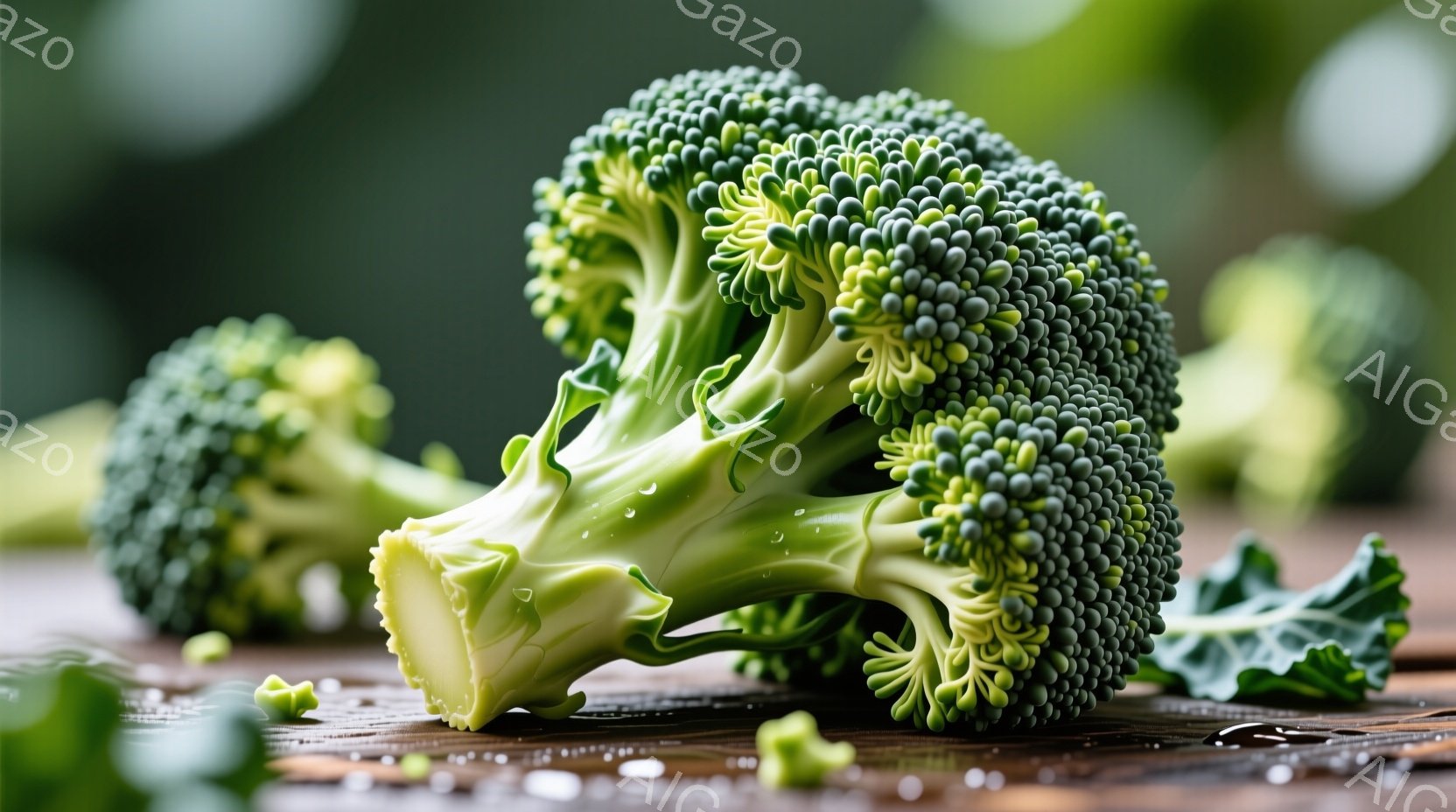 鮮やかな緑色のブロッコリーが2つ、木製の表面に置かれています。ブロッコリーは水滴で覆われており、まるで洗われたばかりのように見えます。背景はぼやけていますが、全体的に自然で健康的な雰囲気を醸し出してい - AI生成フリー素材