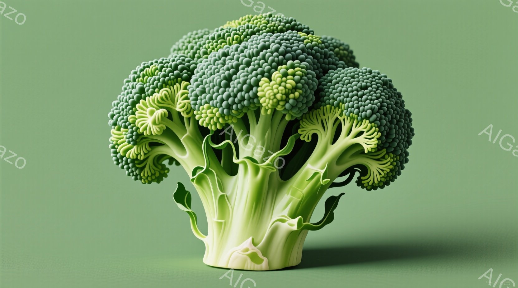 鮮やかな緑色のカリフラワーが、均一な背景色に浮かび上がっている。花蕾は緻密で、まるで彫刻のような繊細さを持ち、生き物のような有機的な曲線で構成されている。全体的にミニマルで、カリフラワーの形とテクスチャを際立たせるように設計された、洗練されたイメージである。