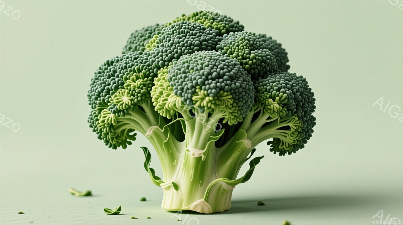 鮮やかな緑色のブロッコリーが、淡い緑色の背景に浮かび上がっています。ブロッコリーはまるで彫刻のように緻密で、蕾がぎっしりと密集し、立体的なシルエットを描いています。背景には小さな緑色の破片が散らばっており、全体的に清潔感と健康的なイメージを醸し出しています。