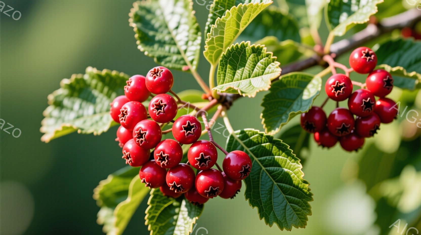鮮やかな赤い実が枝に密集してぶら下がっており、緑色の葉が背景を彩っています。実の表面には小さな星のような模様が見られ、自然の美しさを際立たせています。背景は緑のぼかしで、焦点は実とその周囲の葉に絞られ - AI生成フリー素材