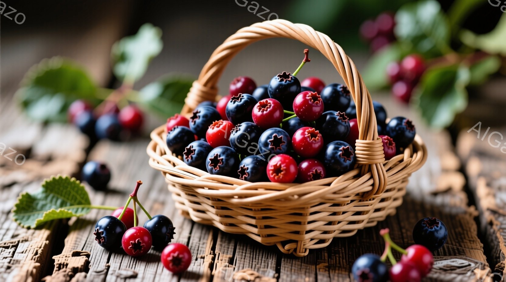 籠には濃い紫色と鮮やかな赤色のベリーがたっぷり詰まっており、葉っぱの緑がアクセントになっている。背景は木目の粗いテーブルで、自然な風合いが感じられる。全体的に暖色系の色合いで、豊穣な秋の収穫を思わせる - AI生成フリー素材