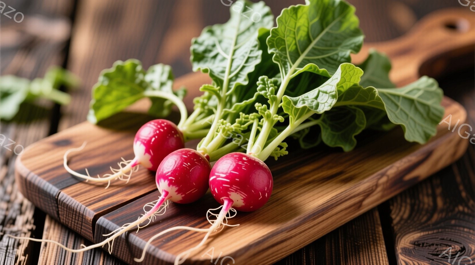 赤くて丸い大根が、緑の葉が付いた状態で、木製のプレートの上に置かれています。プレートは、木目がはっきりとした濃い茶色で、背景にはわずかに木製の質感が伺えます。全体的に、新鮮で自然な雰囲気を醸し出してお - AI生成フリー素材