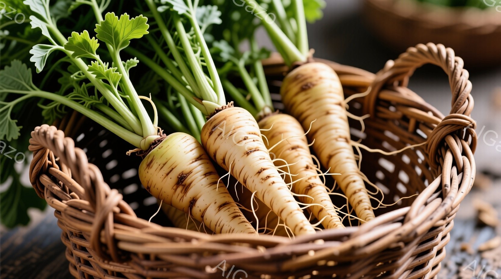 籠の中に数本のパースニップが密集して入っている。根菜はクリーム色で、緑色の葉が茂り、編まれた籠の茶色の色合いと鮮やかなコントラストをなしている。背景はぼやけており、自然な雰囲気と新鮮な食材の印象を与える。