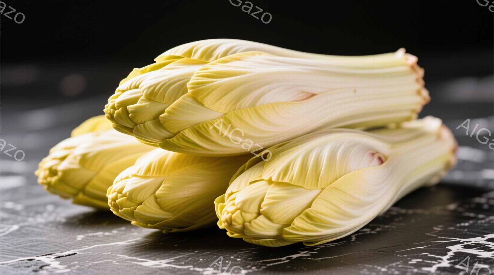 白くて細長い大根の葉が、黒い大理石のような背景の上にいくつか重なって置かれています。葉は新鮮でみずみずしく、わずかに赤みがかった部分もあります。全体的に落ち着いた雰囲気で、食材のシンプルさが際立っています。