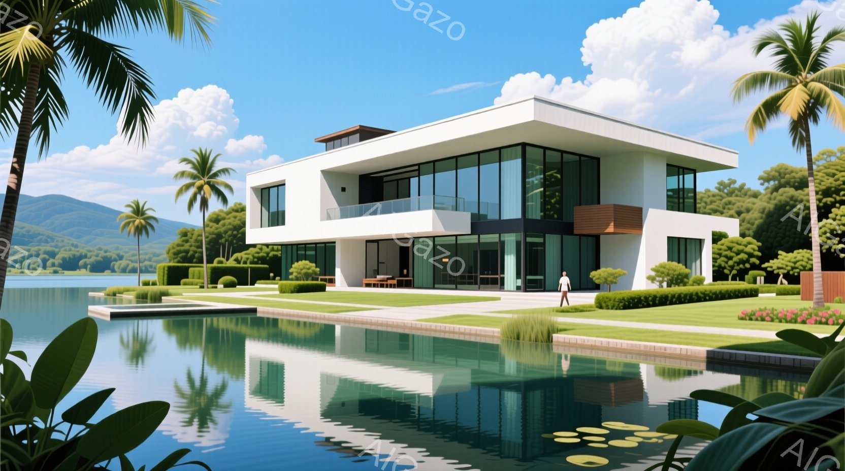 広々とした敷地に建つモダンな邸宅が、穏やかな水面に映り込み美しい景色を作り出している。邸宅は白を基調とし、大きなガラス窓が特徴的で、庭には手入れの行き届いた芝生と緑豊かな植栽が広がっている。庭を散歩する男性は白いシャツとパンツ姿で、リラックスした雰囲気の中に佇んでいる。
