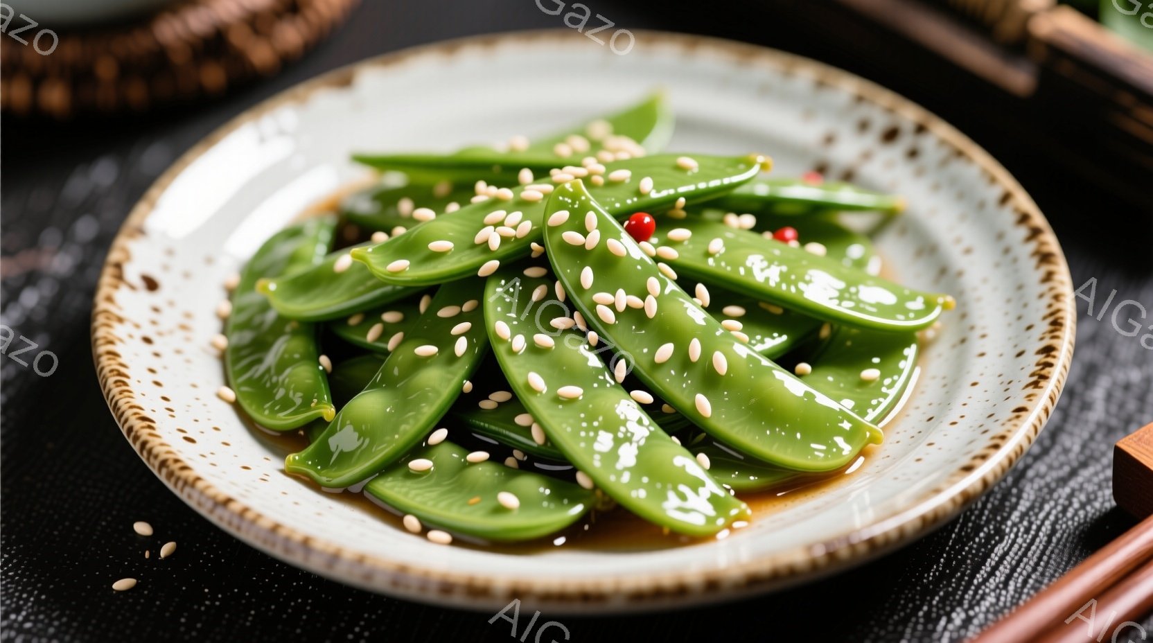 皿には、艶やかな緑色の枝豆が美しく盛り付けられています。豆の表面には照りが出たソースが絡み、白ごまが散らされています。黒い背景に、木製の箸がわずかに写り込み、シンプルながらも食欲をそそる一品です。 - AI生成フリー素材