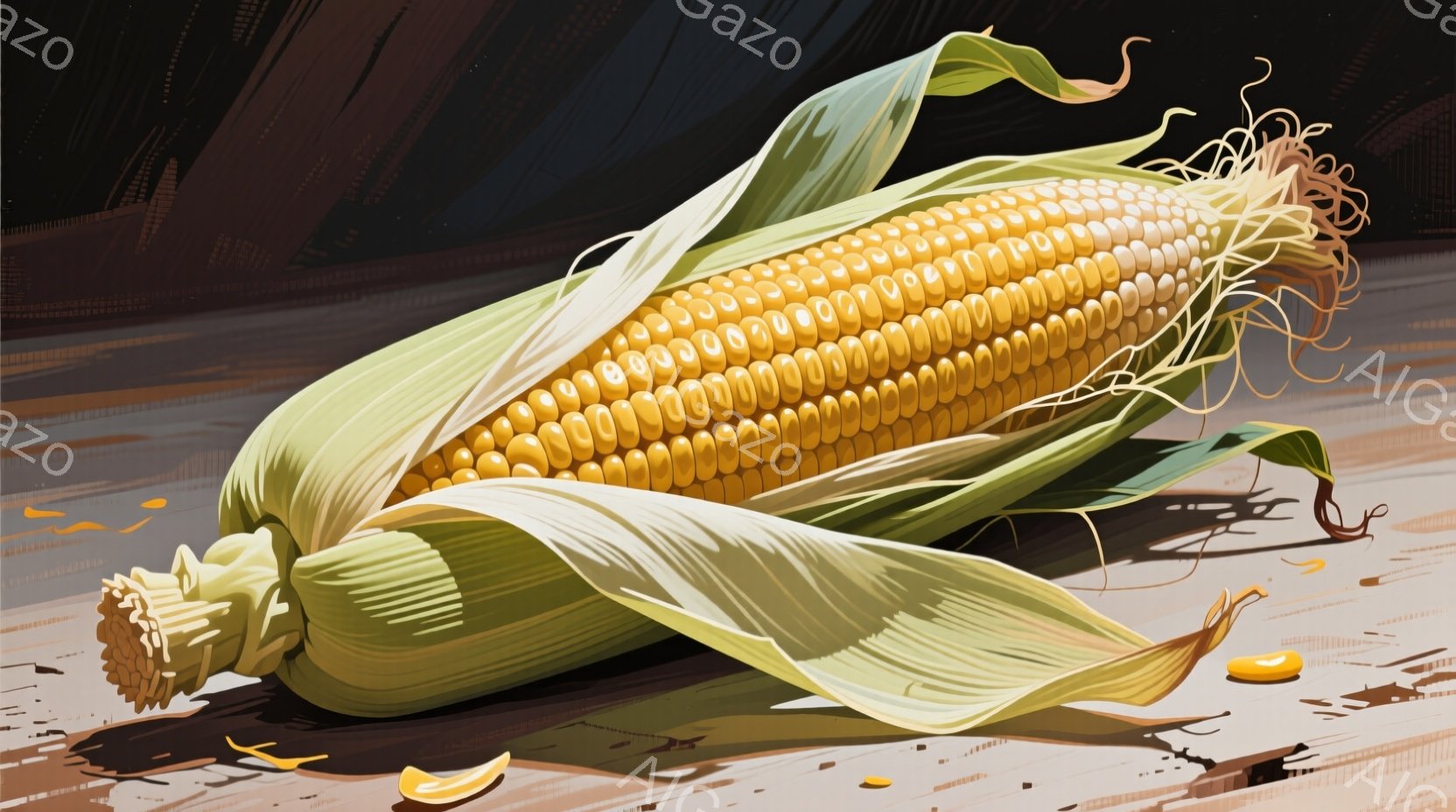 鮮やかな黄色いトウモロコシが画面中央に大きく描かれており、葉はところどころ剥がれ、実の一部が露出している。背景は茶色と灰色がかった地で、トウモロコシの周りには剥がれた葉や粒が散らばっており、自然な雰囲 - AI生成フリー素材