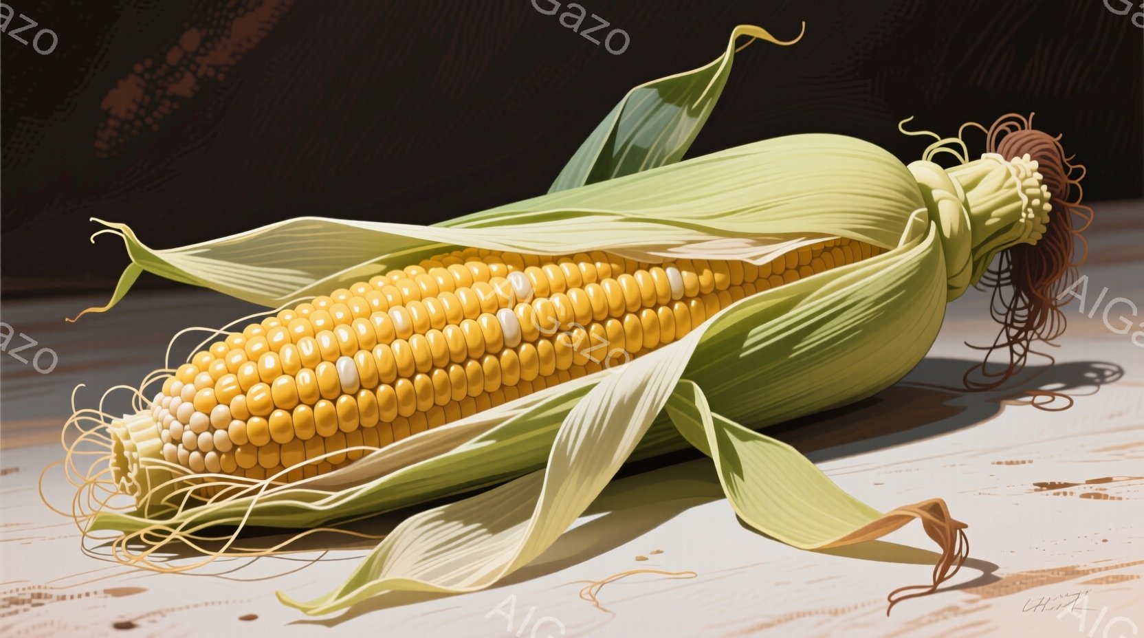 剥きかけのトウモロコシが画面中央に配置されており、黄金色の粒がむき出しになっている。緑色の皮は一部が剥がれ、繊維状のひげが散らばっている。背景は木製の床で、光が当たり影が落ち、暖かく素朴な雰囲気を醸し出している。
