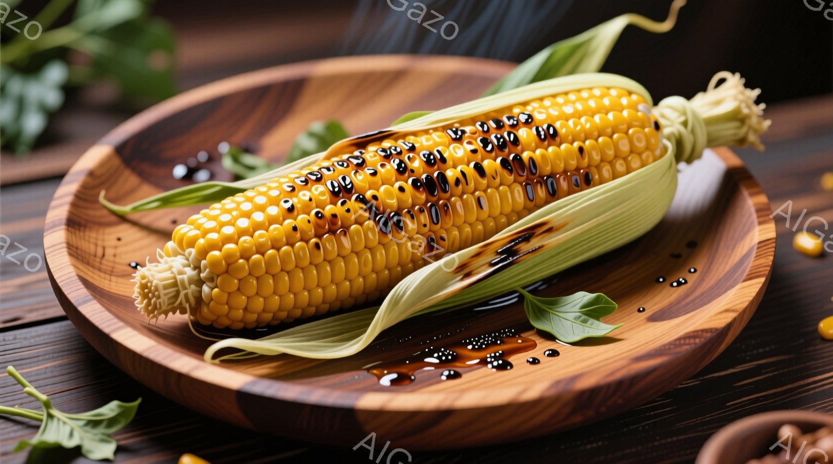鮮やかな黄色のトウモロコシが、緑色の葉に包まれて木製の皿に盛り付けられています。周囲には、黒いソースのようなものが滴り落ち、トウモロコシの黄色とコントラストをなしています。背景は木目調で、所々に散らばったトウモロコシの粒が見え、全体的に素朴で食欲をそそる雰囲気です。