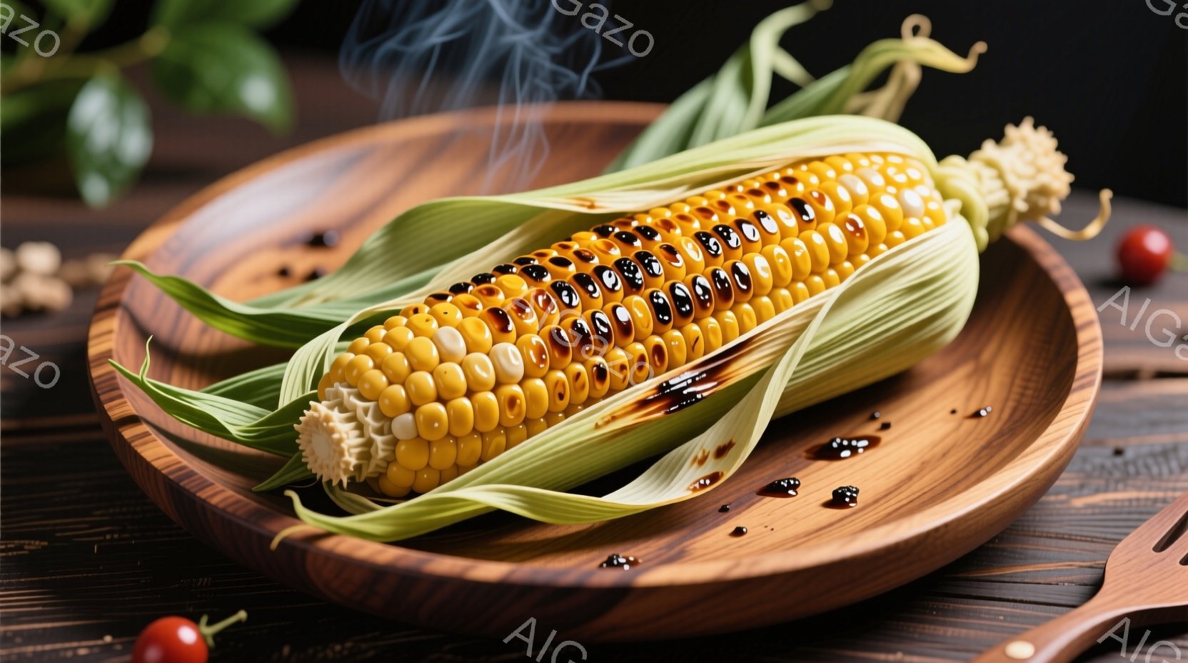 焼きたてのトウモロコシが、木製の皿に盛り付けられています。コーンは黄金色で、黒いソースがかけられ、湯気が立ち上っています。背景には、木製のカトラリーやトマト、そして緑の葉が見え、温かみのある食欲をそそる雰囲気です。