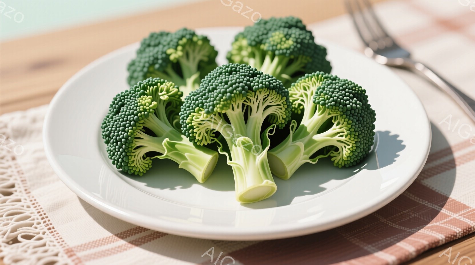 白い皿の上に、緑色のブロッコリーが並べられています。ブロッコリーは新鮮で、茎の部分は薄い緑色をしています。背景にはレース編みのテーブルクロスと、ぼやけたフォークがわずかに見え、全体的にヘルシーで食欲をそそる雰囲気です。