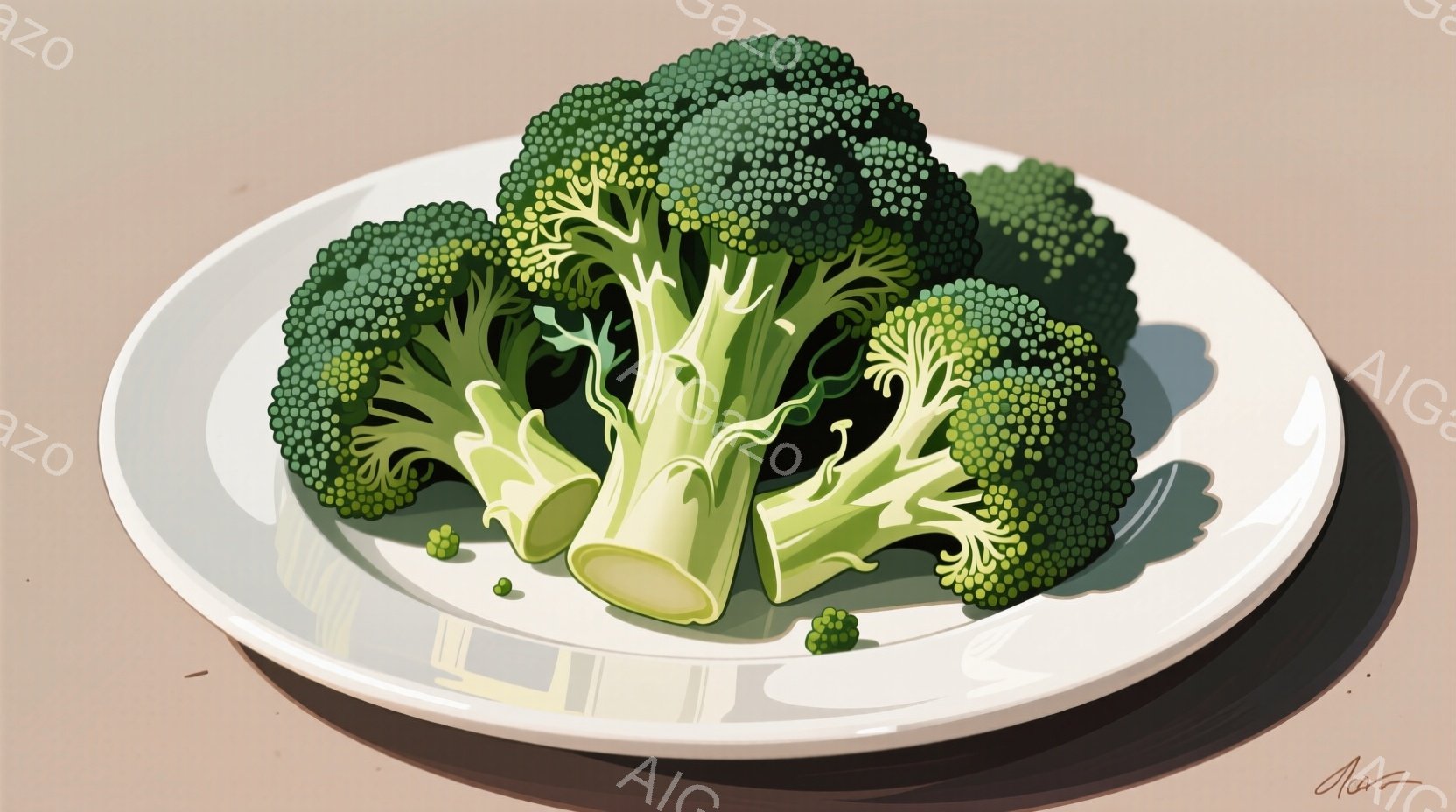 皿の上に、緑色のブロッコリーが三本並んでいます。ブロッコリーは鮮やかな緑色で、葉の質感や立体感が丁寧に表現されています。背景は淡いベージュ色で、影がブロッコリーの形に合わせて伸びています。 - AI生成フリー素材