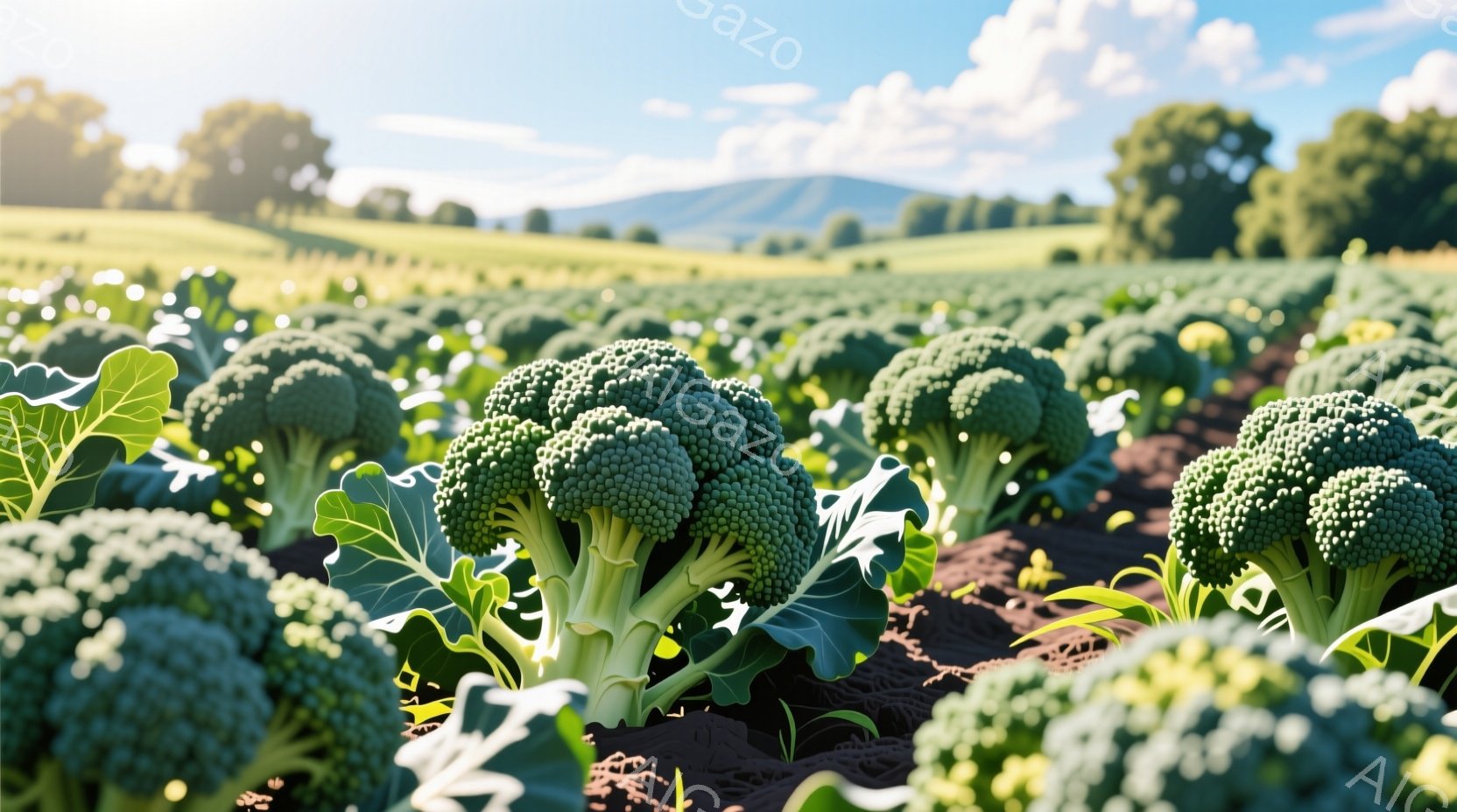 広大な畑にブロッコリーが密集して生えています。背景には緑の丘と、霞んだ遠くの山々が広がっており、晴れた日の穏やかな光が差し込んでいます。土の色とブロッコリーの鮮やかな緑色が印象的で、自然の豊かさを感じ - AI生成フリー素材