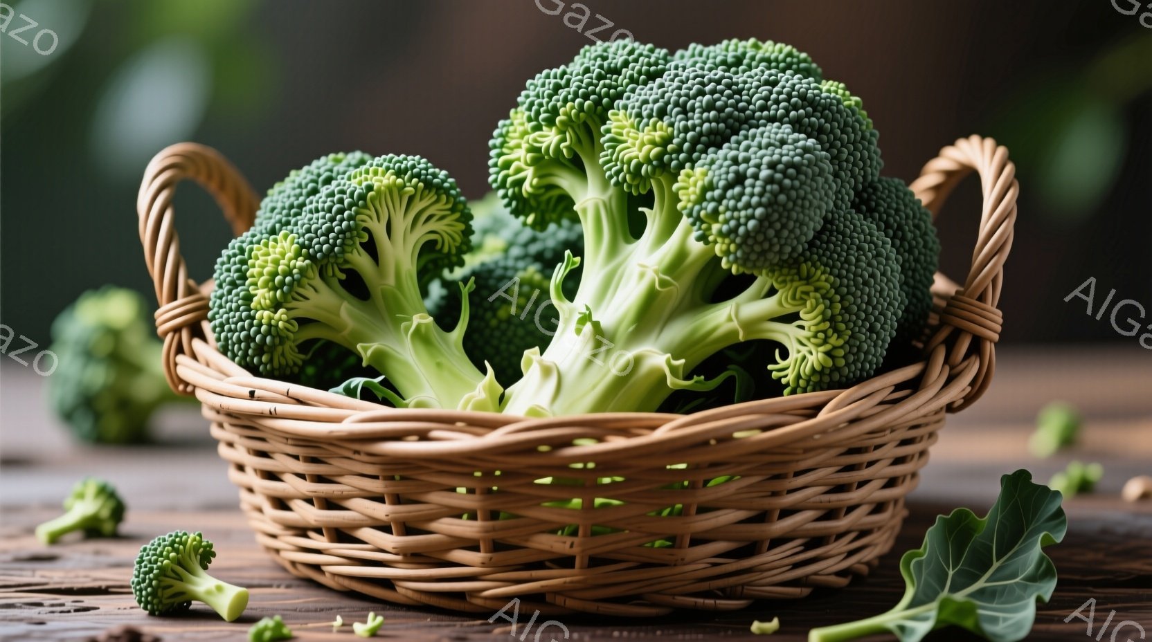 籠の中に緑色のブロッコリーがたっぷり詰まっており、一部は籠からこぼれ落ちています。木製のテーブルの上に置かれており、背景はぼやけていますが暖色系の色調で、全体的に健康的で自然な雰囲気です。明るい照明と鮮やかな緑色が、ブロッコリーの新鮮さを強調しています。