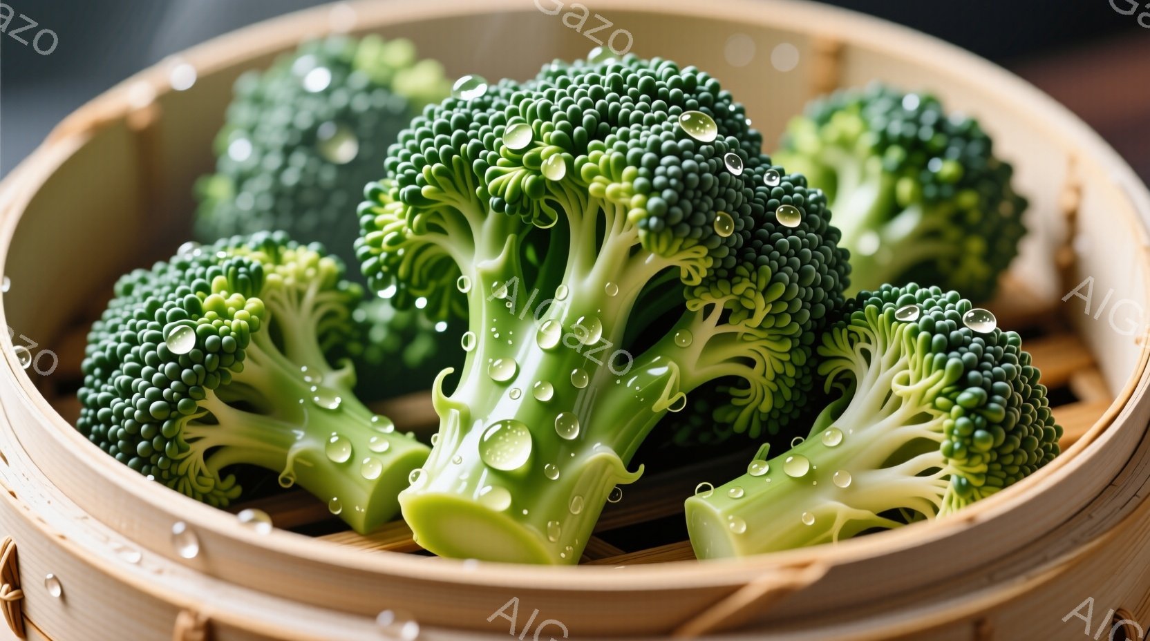 蒸し器の中に鮮やかな緑色のブロッコリーが並んでいます。ブロッコリーの茎は水滴で覆われており、蒸し料理の準備ができたばかりのようです。竹製の蒸し器がブロッコリーの鮮やかさを引き立て、食欲をそそる雰囲気を醸し出しています。