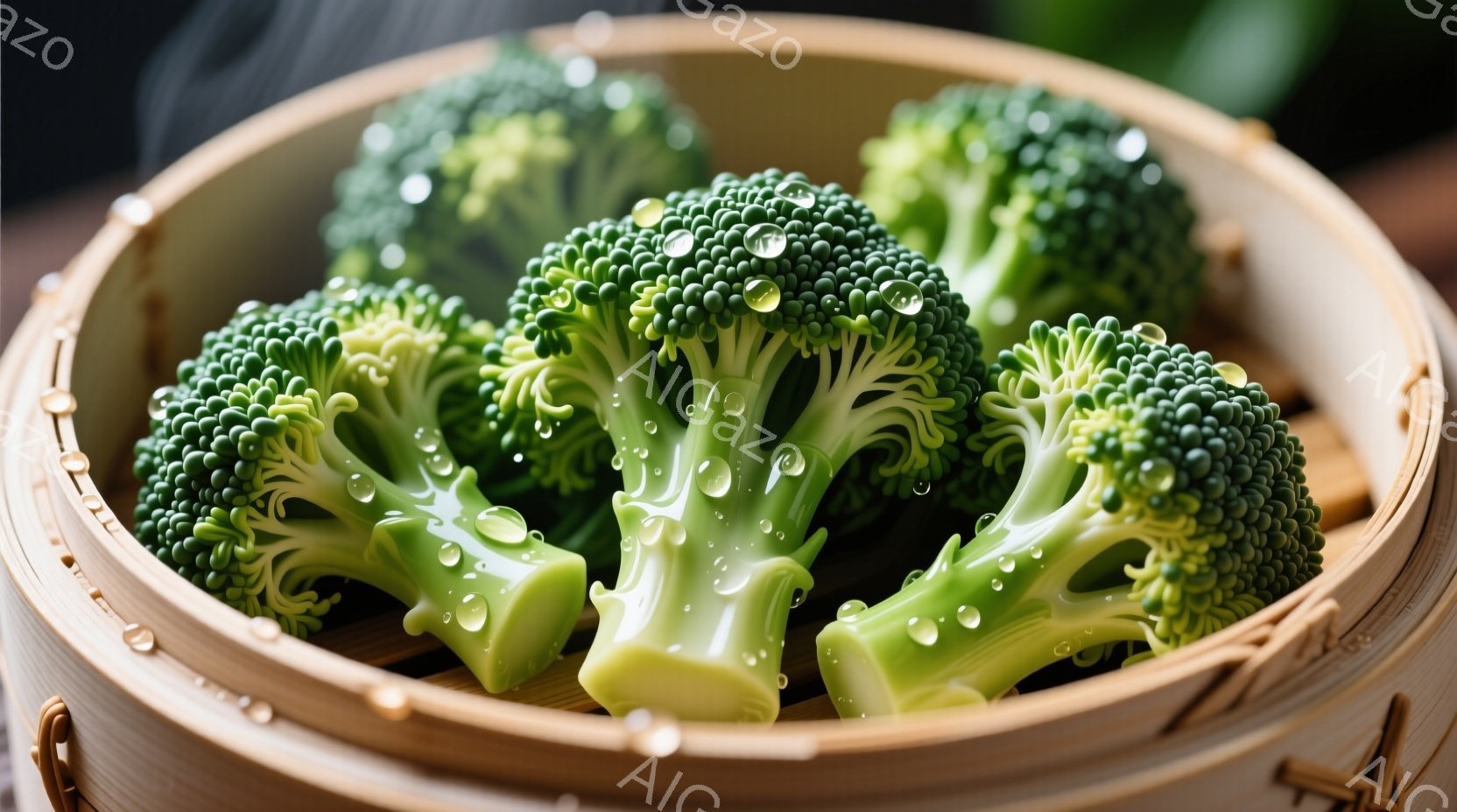 蒸し器の中に、新鮮なブロッコリーが数本並んでいます。ブロッコリーには水滴が付いており、みずみずしさを強調しています。背景はぼかされており、ブロッコリーが際立っています。 - AI生成フリー素材