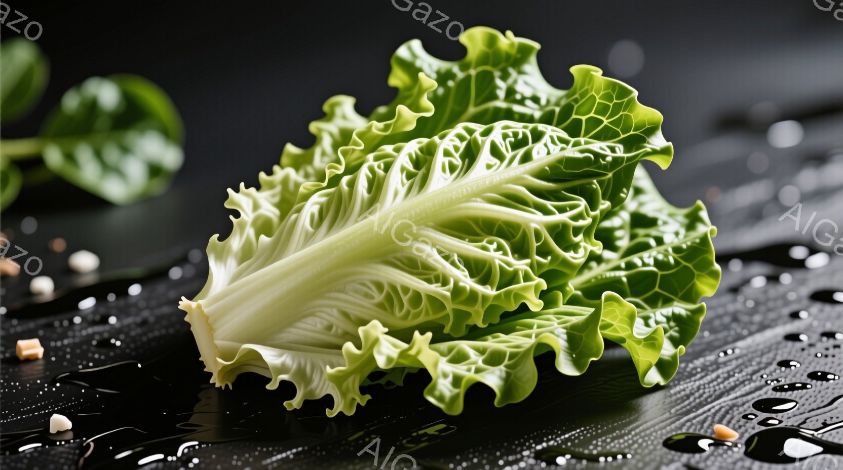 白菜の葉が濡れた黒い背景の上に置かれています。葉は鮮やかな緑色で、葉脈がはっきりと見えます。背景には水滴と小さな茶色の物体が散らばっており、全体的に新鮮でみずみずしい印象を与えています。 - AI生成フリー素材