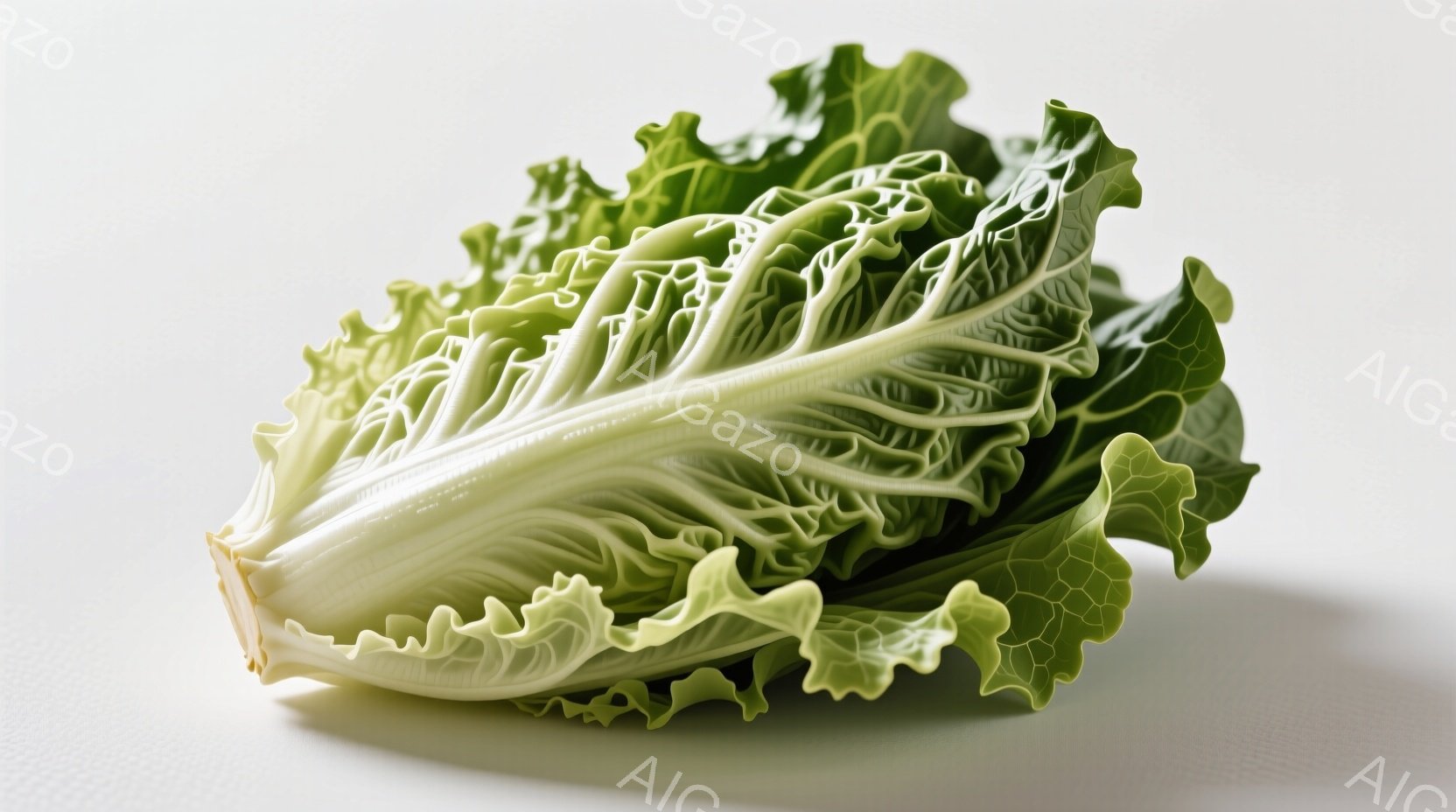 白地に、しっとりとした白菜が正面から捉えられています。葉は淡い緑色から白へとグラデーションがかかり、波状の縁が特徴的です。全体的に新鮮でみずみずしい印象を与え、影がわずかに落ちています。 - AI生成フリー素材