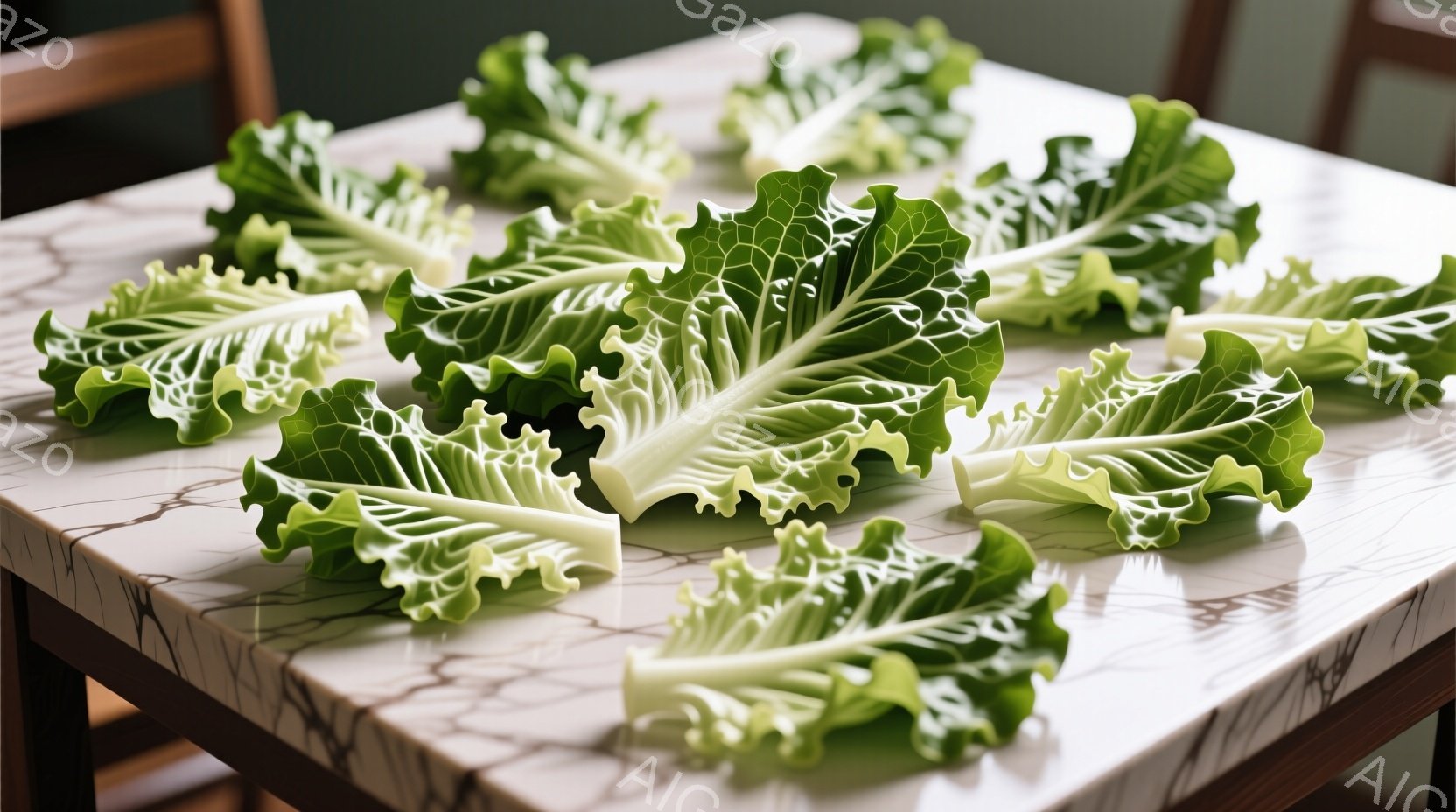 籠の中に緑色のキャベツがたっぷり入っており、葉は鮮やかで、光沢があります。籠は茶色で編み込み模様があり、影が落とされていて、背景は明るいベージュ色でシンプルです。全体的に、新鮮な食材が強調された静物画 - AI生成フリー素材