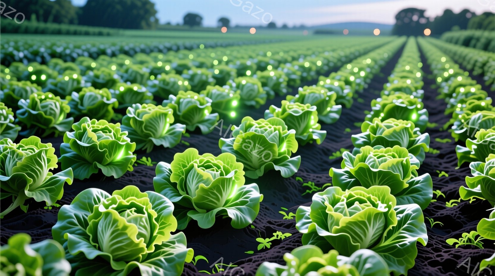 広大な畑には、黒いマルチシートに植えられた緑色のキャベツが整然と並んでいます。遠くにはぼんやりとした緑の木々と、夕焼けのようなオレンジ色の光点がいくつか見え、穏やかな夕暮れ時の雰囲気を醸し出しています。畑全体は均一に照らされ、キャベツの葉の鮮やかな緑色が際立っています。