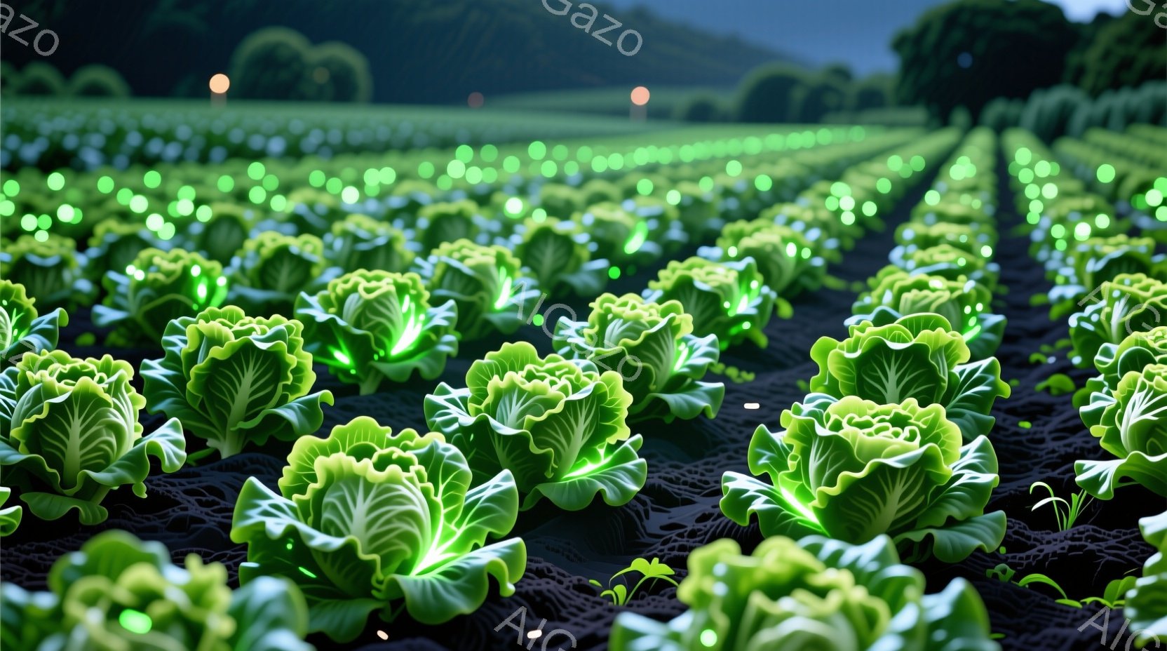 広大な畑には、規則正しく並んだキャベツが密集しており、その葉は鮮やかな緑色と発光するような光沢で照らされている。暗い土と遠くのぼやけた丘陵地帯とのコントラストが、幻想的な雰囲気を醸し出している。キャベツ全体がまるで発光しているかのように見える、近未来的な農場の光景である。