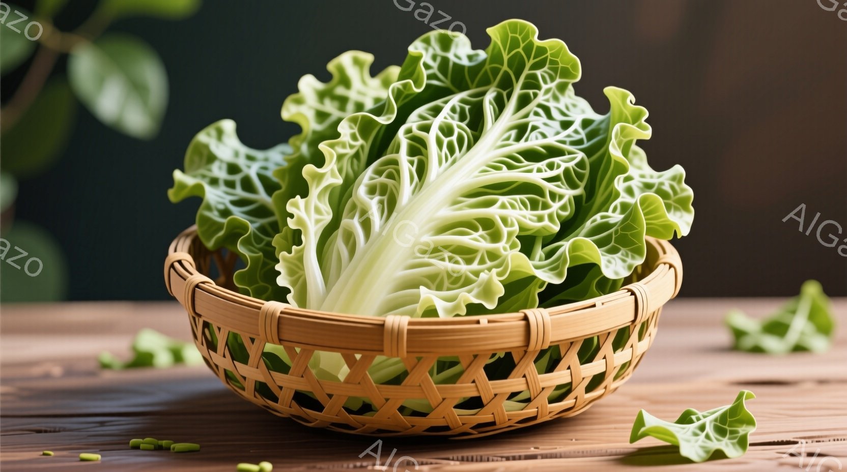 浅い竹編みの籠に、新鮮な小松菜が山のように盛られています。木製のテーブルの上に置かれ、周囲にはいくつか散らばった小松菜の葉と、小さな緑色の実のようなものが確認できます。全体的に、自然光の下で撮影された、健康的で素朴な雰囲気の写真です。