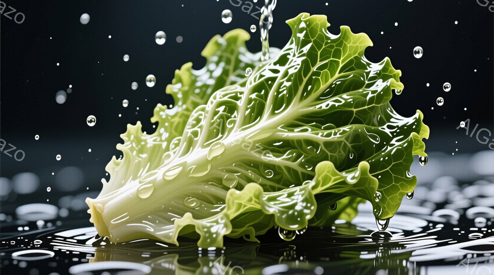 鮮やかな緑色の葉野菜が水しぶきの中で切り取られています。葉の表面には水滴が輝き、背景は暗く、水面の反射が特徴的です。全体的に、みずみずしく、生き生きとした印象を与える写真です。 - AI生成フリー素材