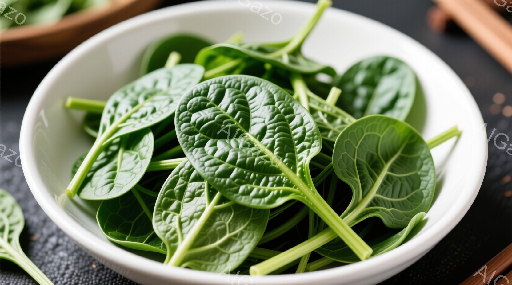 白い丸い器に新鮮なほうれん草がたっぷり盛り付けられています。葉は鮮やかな緑色で、光沢があり、みずみずしさを感じさせます。背景は暗いグレーで、ほうれん草の鮮やかさが際立っています。