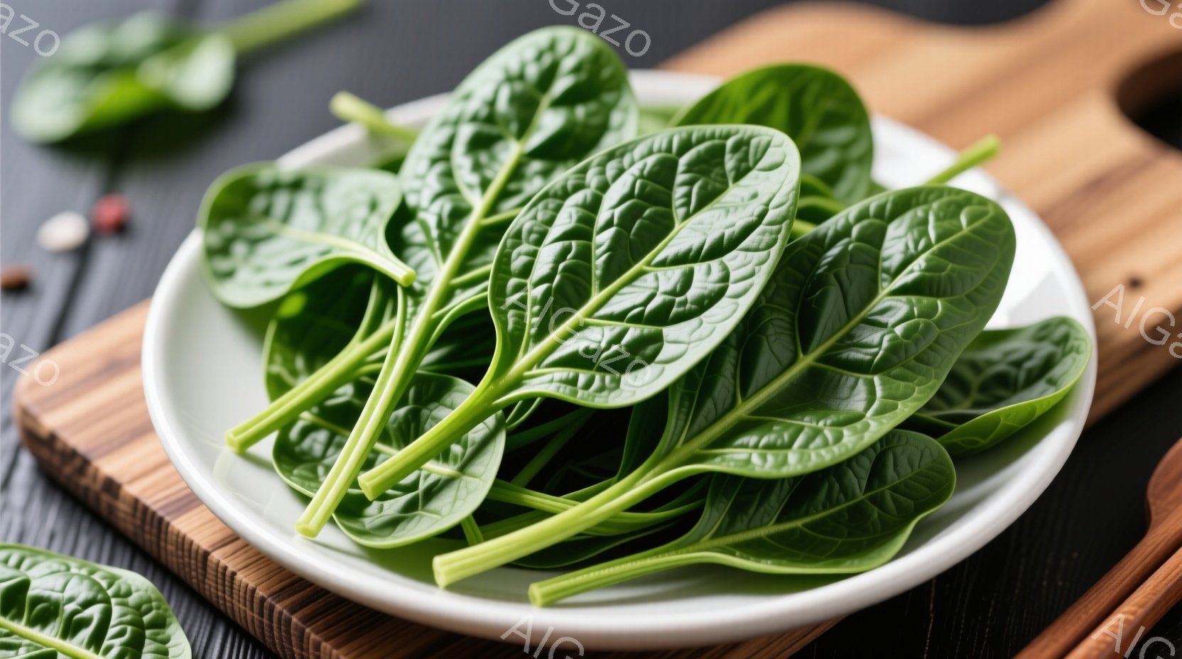 新鮮なほうれん草が白い皿に山のように盛り付けられています。皿は木製のプレートの上に置かれ、背景は暗い木目調で、数本の茶色いスパイスが散らばっています。全体的に、健康的で自然な雰囲気を感じさせる、食欲をそそる構図です。