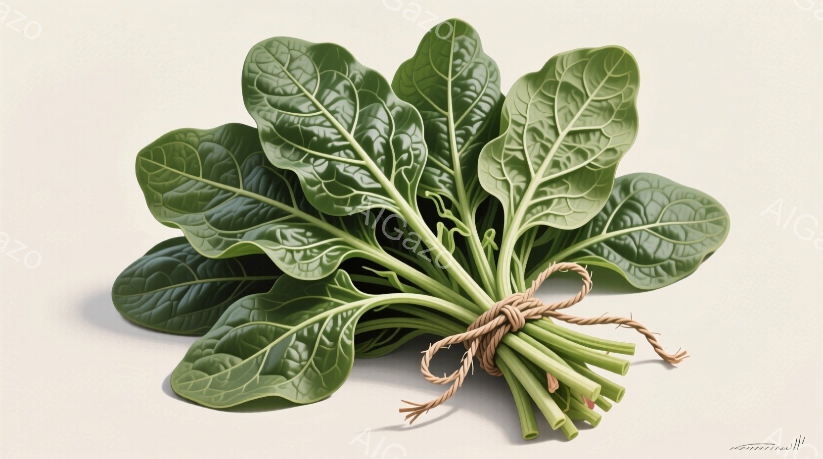 鮮やかな緑色のホウレン草の束が、粗い麻紐でまとめられています。葉はみずみずしく、光沢があり、葉脈がはっきりと確認できます。背景は淡いベージュ色で、ホウレン草の鮮やかさを際立たせています。 - AI生成フリー素材