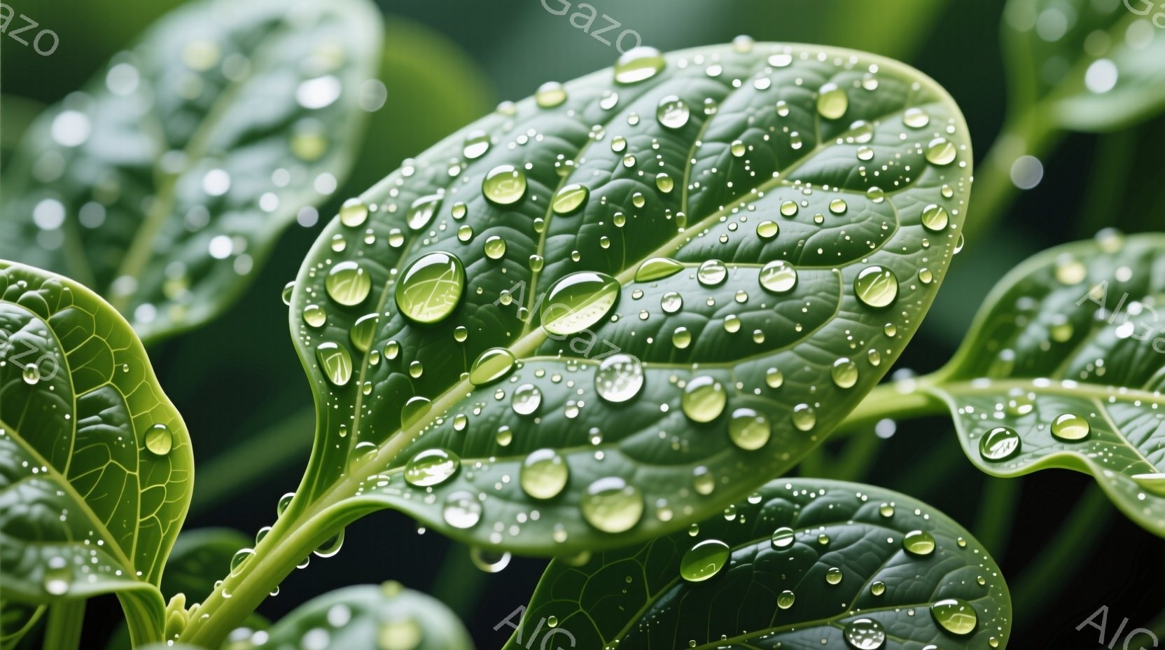 鮮やかな緑色の葉が水滴で覆われ、まるで宝石のように輝いている。葉脈がはっきりと見え、葉の表面の質感が強調されている。背景はぼやけており、自然な緑が広がっていることから、雨上がりや朝露の自然の中で撮影さ - AI生成フリー素材