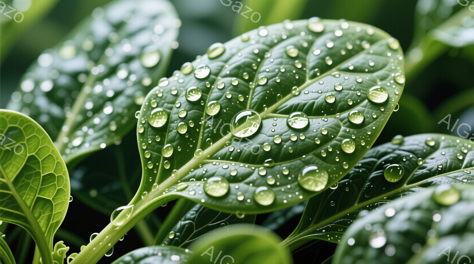 鮮やかな緑色の葉が濡れた水滴で覆われています。葉脈がはっきりと見え、葉の表面は光沢があり、朝露や雨上がりのような湿った雰囲気を醸し出しています。背景は同系色の緑で、自然の生命力と新鮮さを感じさせるクローズアップ写真です。