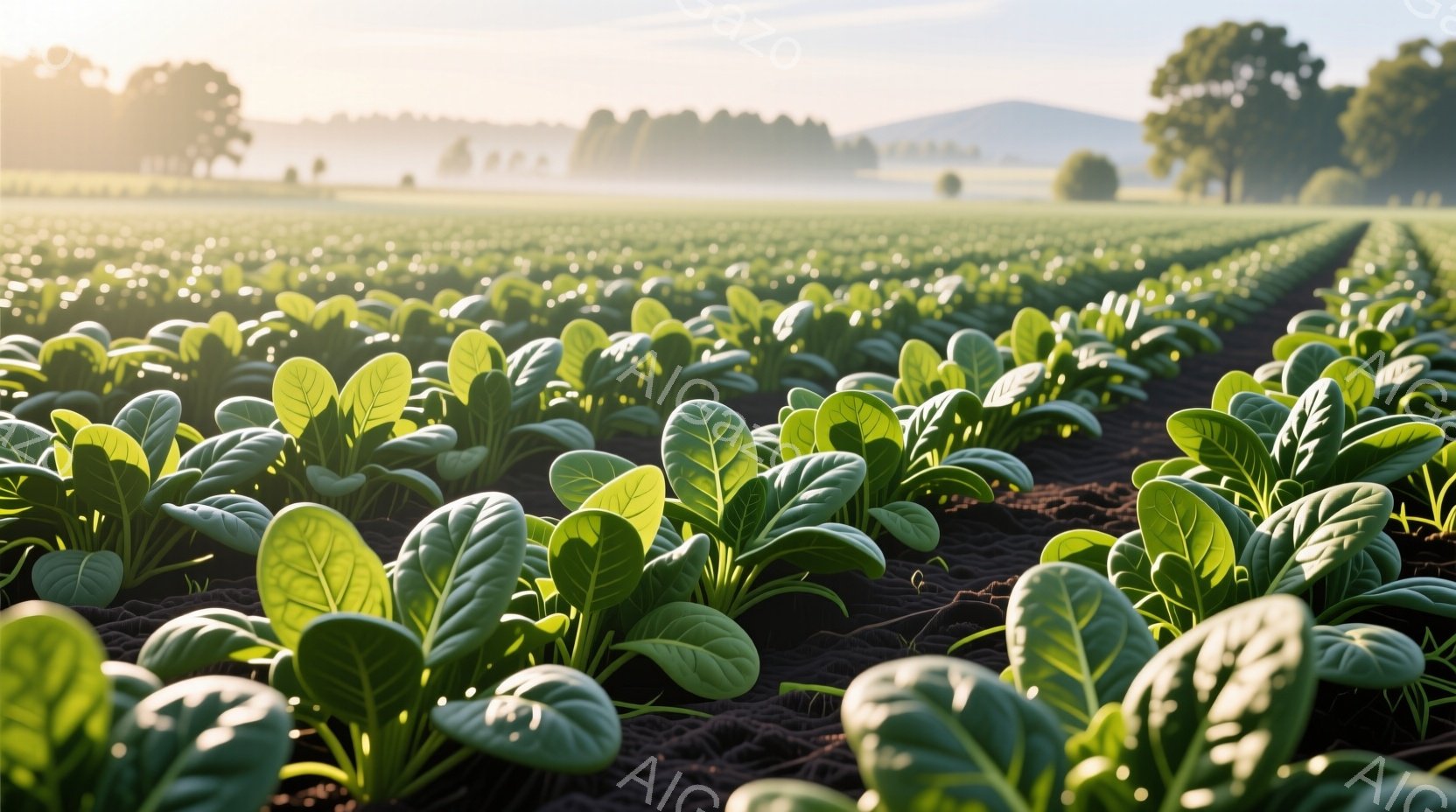 広大な畑には、整然と並んだ緑色の葉野菜が密集しており、黒いマルチングシートが地面を覆っています。遠景には、かすかに見える丘陵地帯と、朝霧に包まれた木々が見え、穏やかで平和な田園風景が広がっています。全体的に、早朝の静けさと、新鮮な農作物の生命力を感じさせる、爽やかな雰囲気です。