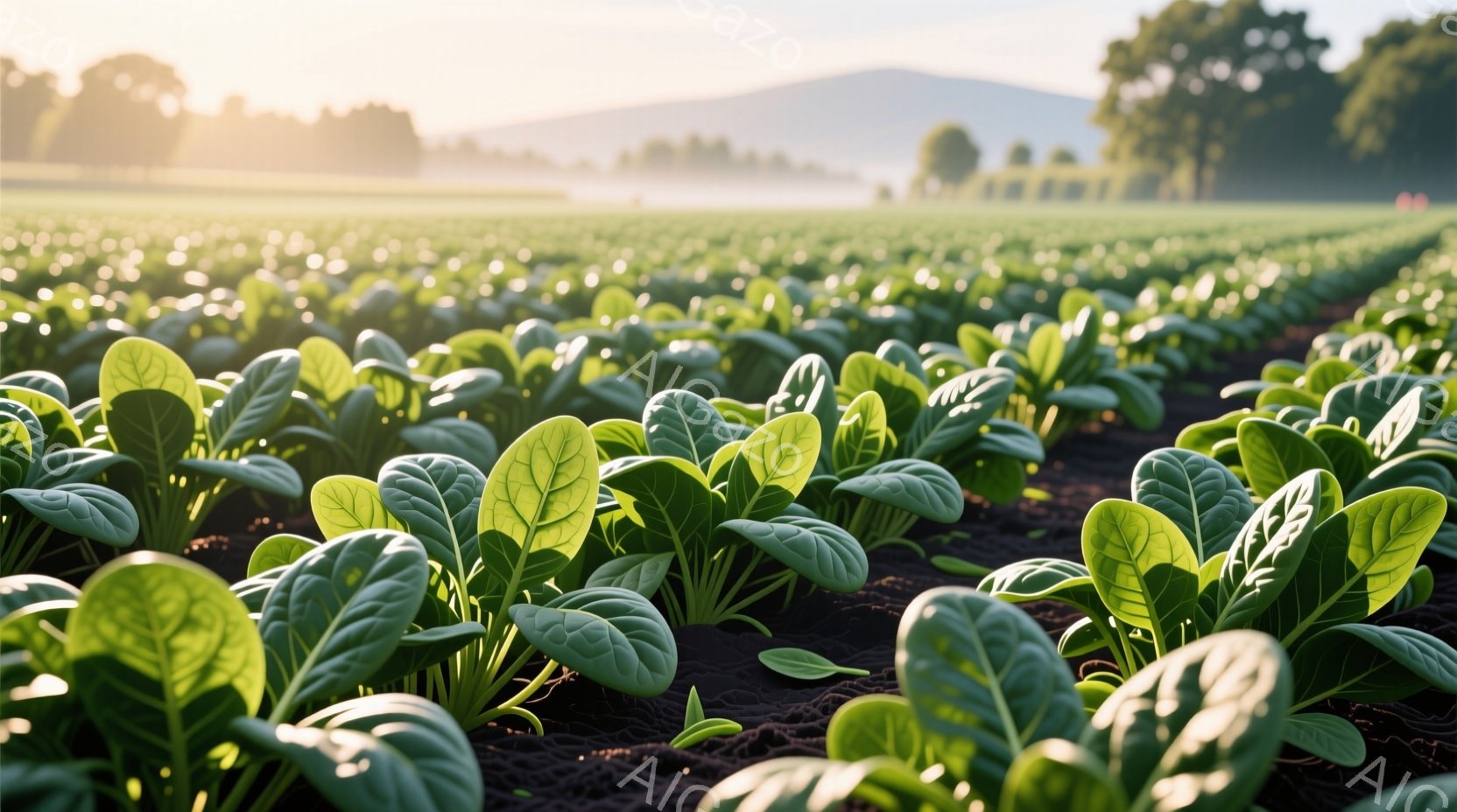 広大な畑には緑色の葉野菜が整然と並んでおり、黒い土の上で鮮やかに輝いている。遠景には、ぼんやりとした緑の丘と木々が見え、朝霧が漂っているように見える。全体的に、穏やかで平和な農村の風景が広がっており、 - AI生成フリー素材
