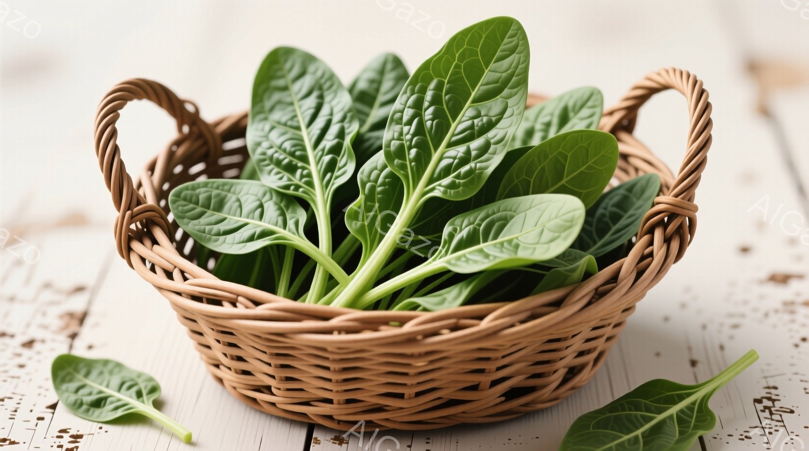 ざるに新鮮なほうれん草がぎっしりと詰まっています。ざるは茶色で編み込み模様があり、ほうれん草の鮮やかな緑色とコントラストをなしています。背景は木製のテーブルで、明るい自然光が差し込み、全体的に健康的で自然な雰囲気を醸し出しています。