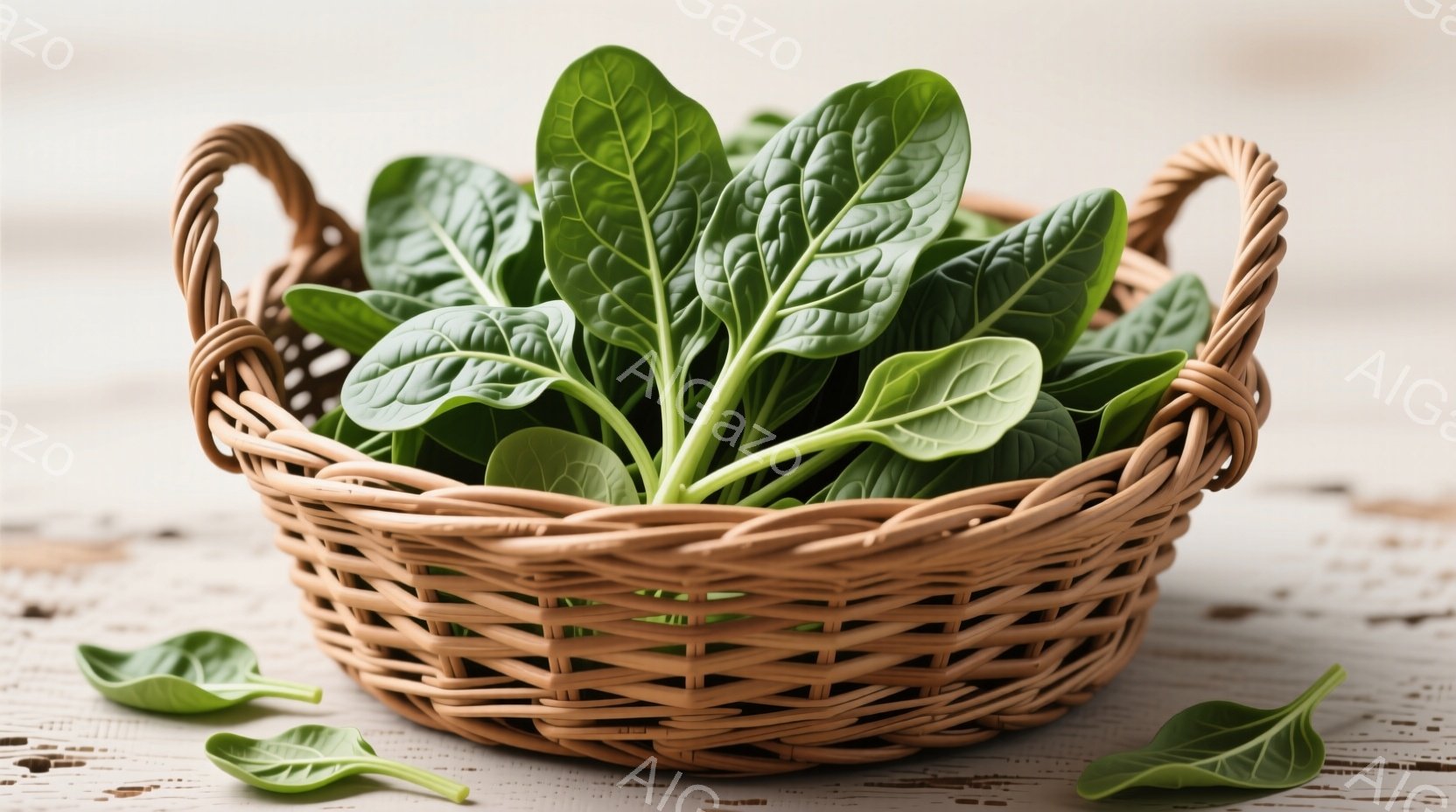 籠の中に新鮮なほうれん草がたっぷり入っています。木製のテーブルの上に置かれており、一部の葉がこぼれ落ちています。背景はぼやけており、暖かく素朴な雰囲気を醸し出しています。