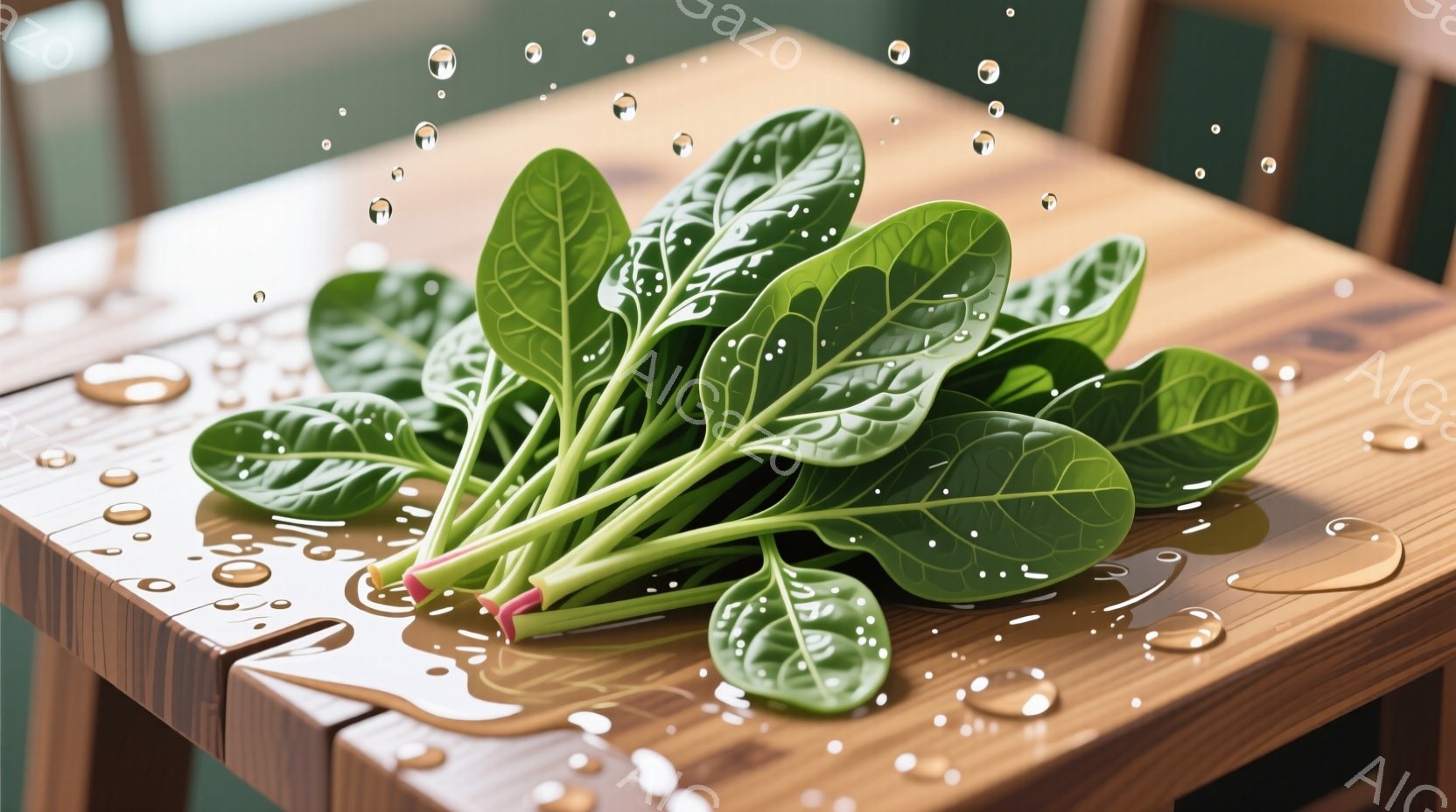 木製のテーブルの上に置かれた新鮮なほうれん草の束が写っています。葉は鮮やかな緑色で、水滴が散らばっており、まるで洗い立てであるかのような印象を与えます。背景はぼやけており、テーブルの木目がはっきりと見え、素朴で自然な雰囲気を醸し出しています。
