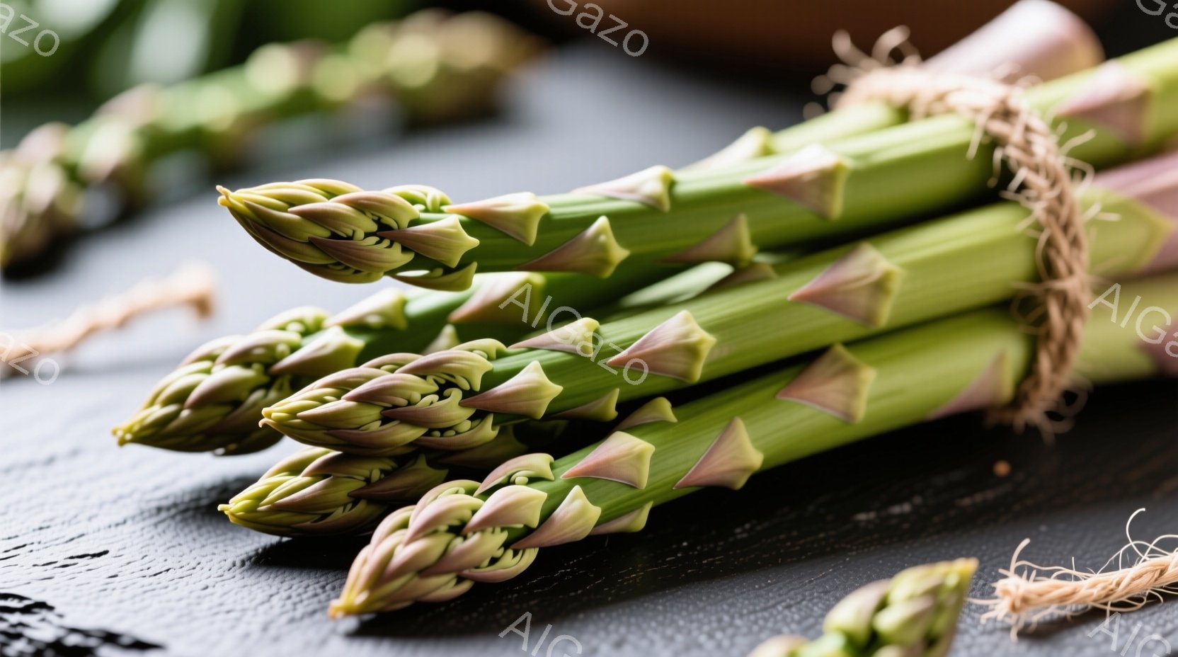 浅緑色のアスパラガスが束ねられて、黒い木製の表面に置かれている。アスパラガスの先端は薄い紫色を帯びており、新鮮でみずみずしい印象を与える。全体的に落ち着いた色調で、食卓を彩るシンプルな食材の美しさが際立っている。