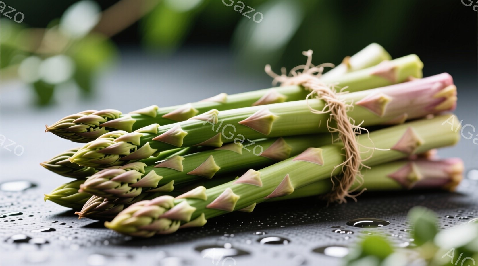 浅緑色のアスパラガスが束ねられ、テーブルの上に置かれています。茎は緑色で先端が紫色がかっており、水滴が表面に付着しています。背景は暗いグレーで、光沢があり、アスパラガスが際立っています。 - AI生成フリー素材