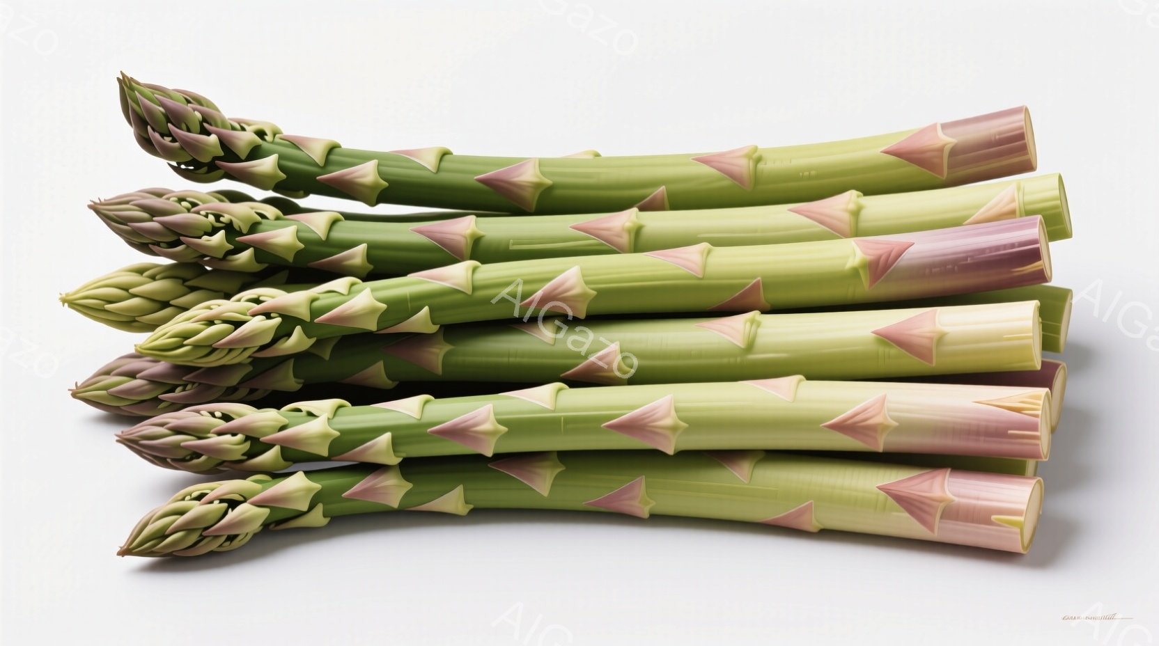 鮮やかな緑色のアスパラガスが、淡いピンク色の根元と共に、互いに重なり合って写っている。背景は白く、アスパラガスが際立っており、全体的に清潔でシンプルな印象を与える。光の当たり方から、新鮮でみずみずしい食材であることが伝わってくる。